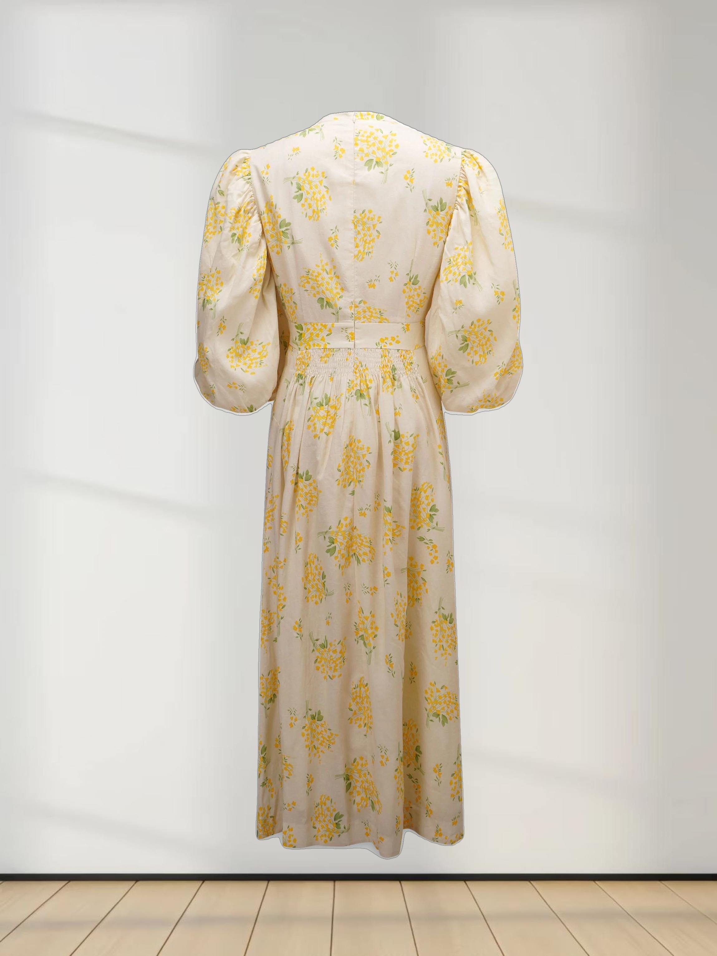 Ruched Puff Sleeve Dress-Yellow Floral