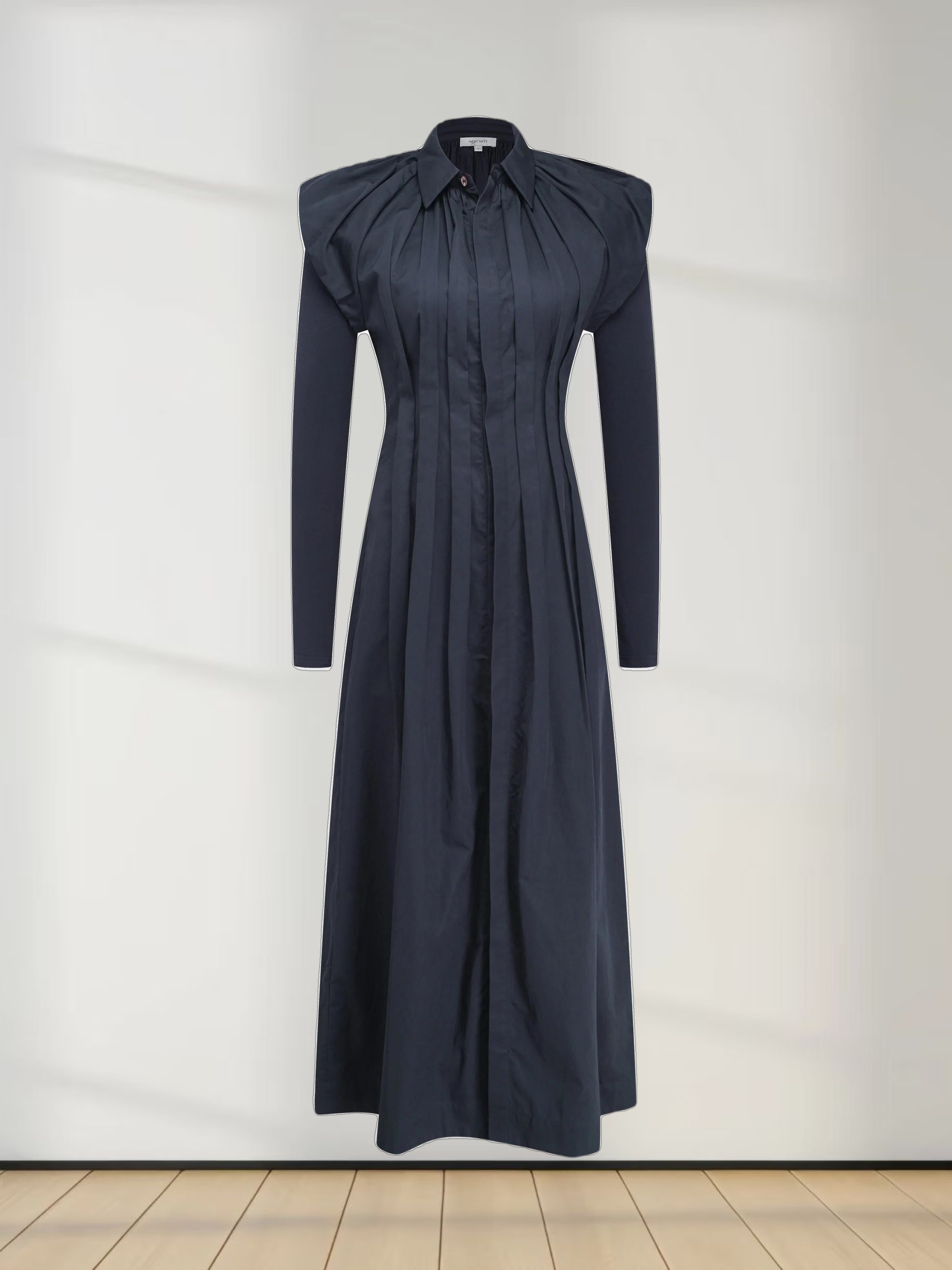 Pleat Front Button Down Dress-Navy