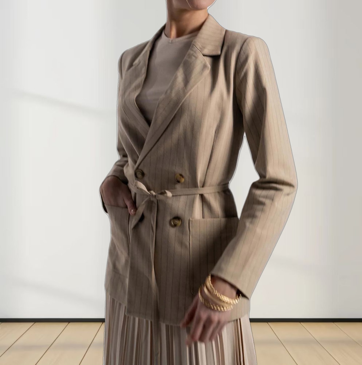 Double Breasted Pinstripe Jacket-Brown