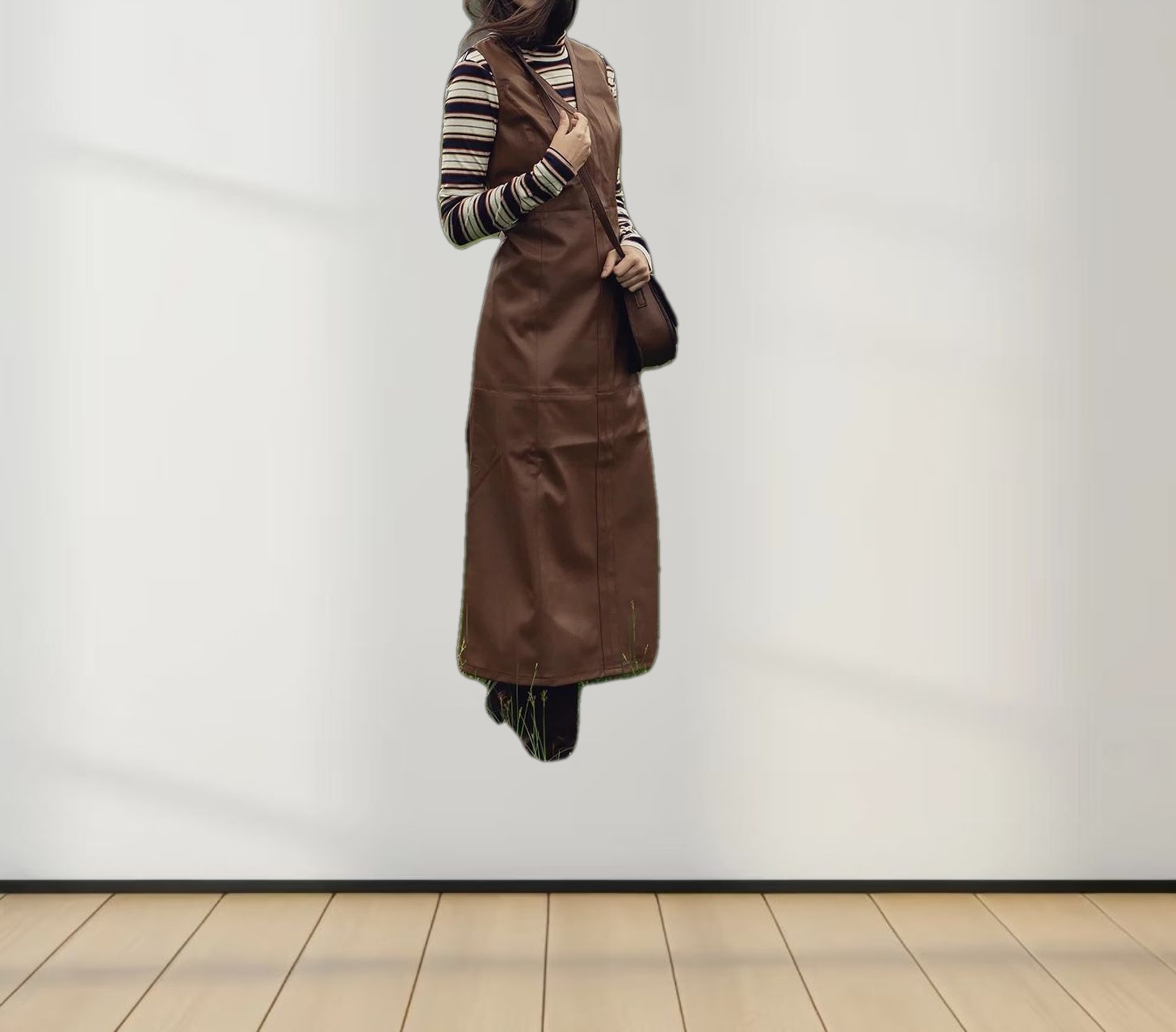 Faux Leather Seamed Jumper-Brown