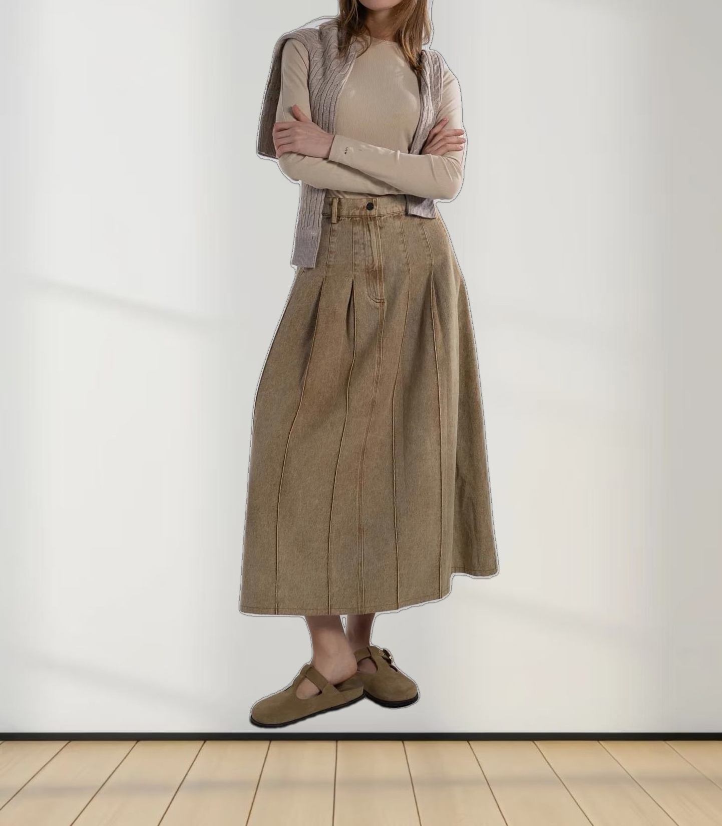 Stitched Pleated Skirt-Tan