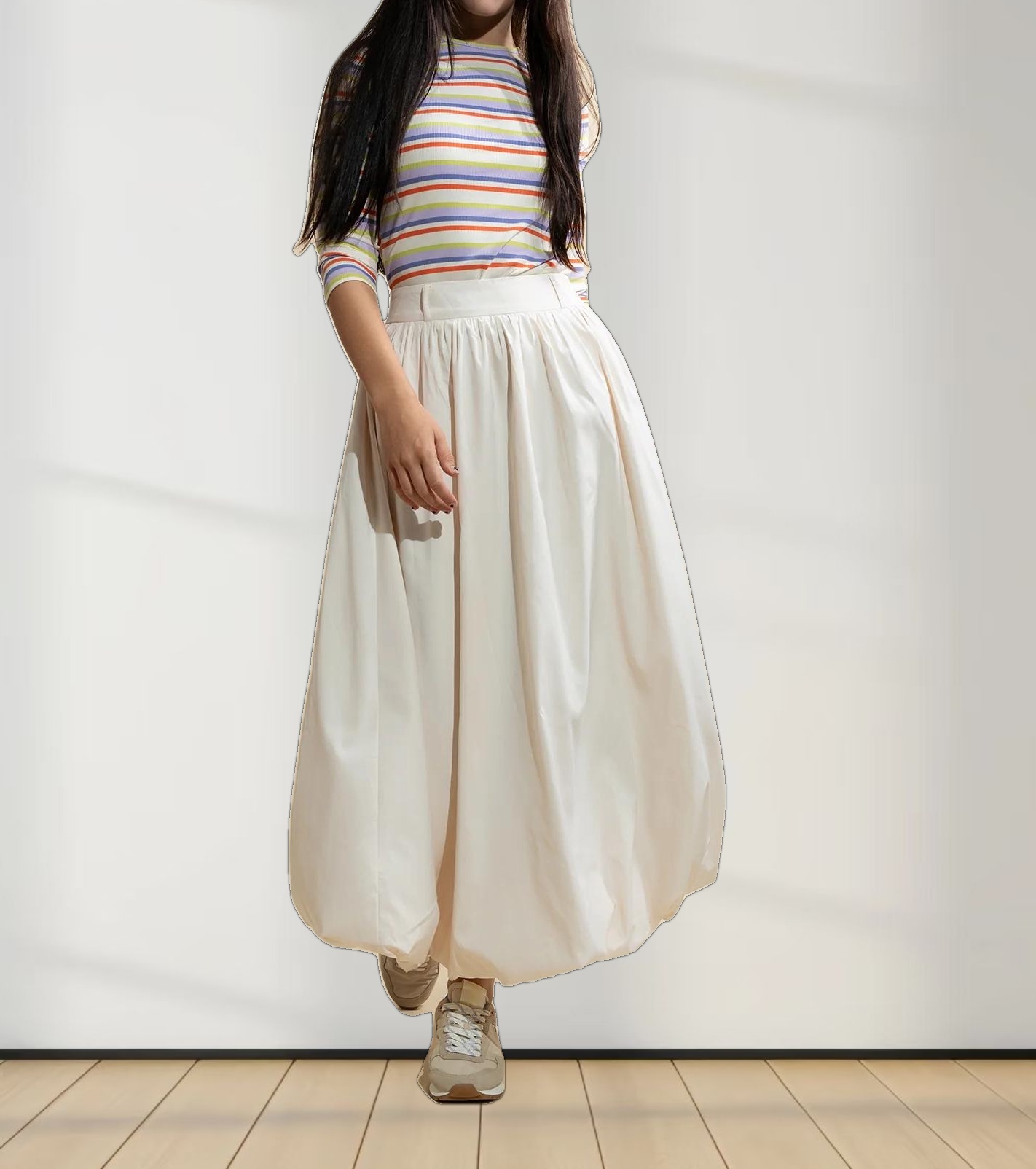 Ribbed Striped Crew 3/4 Sleeve-Orange/Purple