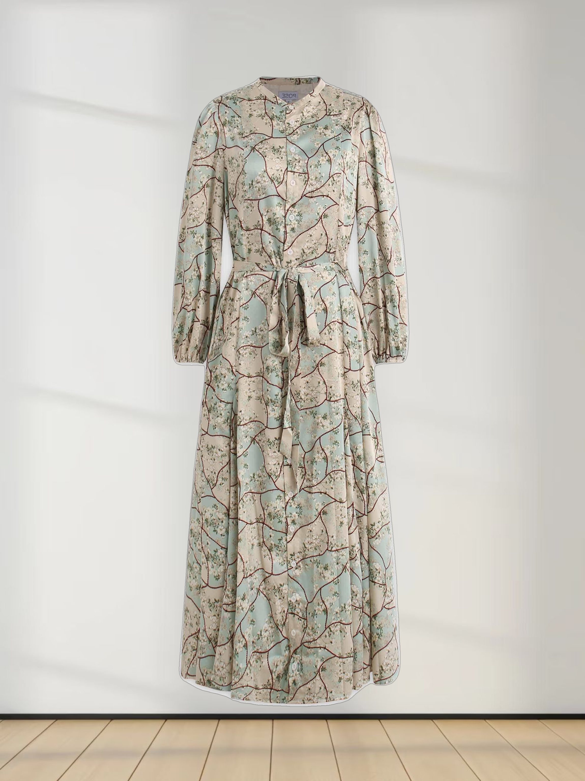 Button Down Flare Dress-Mint Floral Patchwork