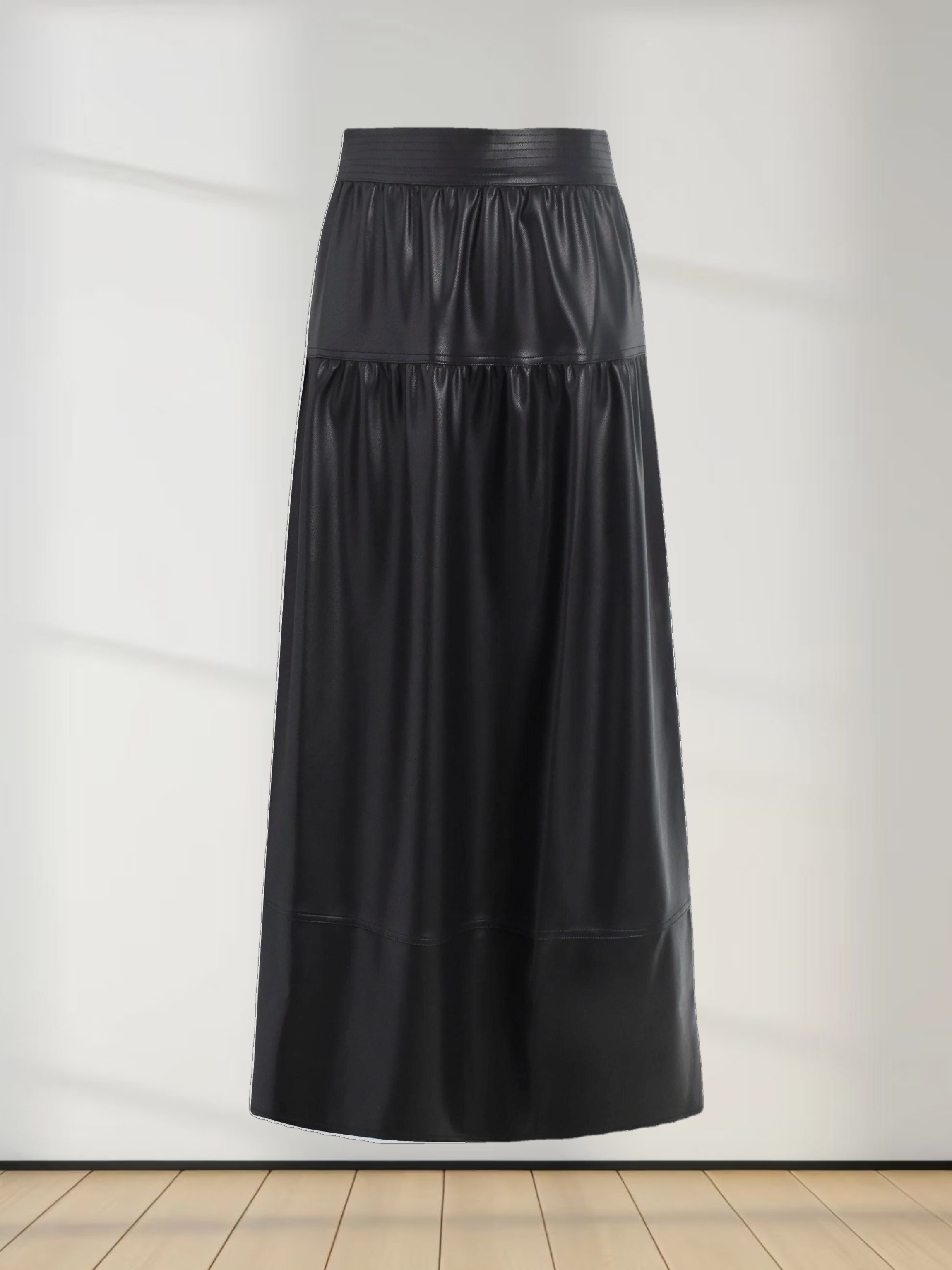 Drop Waist Leather Skirt-Black