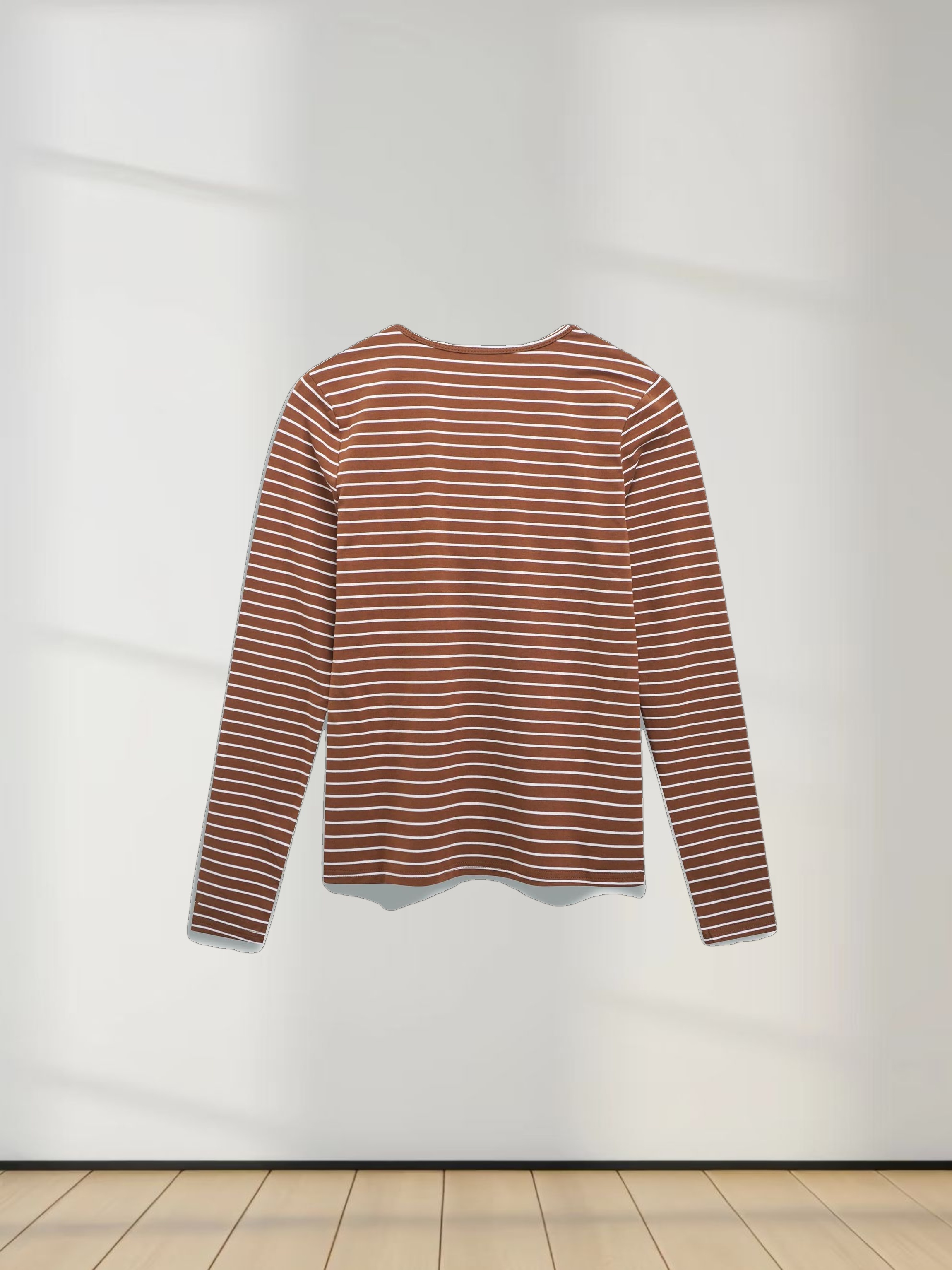Flat Striped High V Long Sleeve-Brown/White