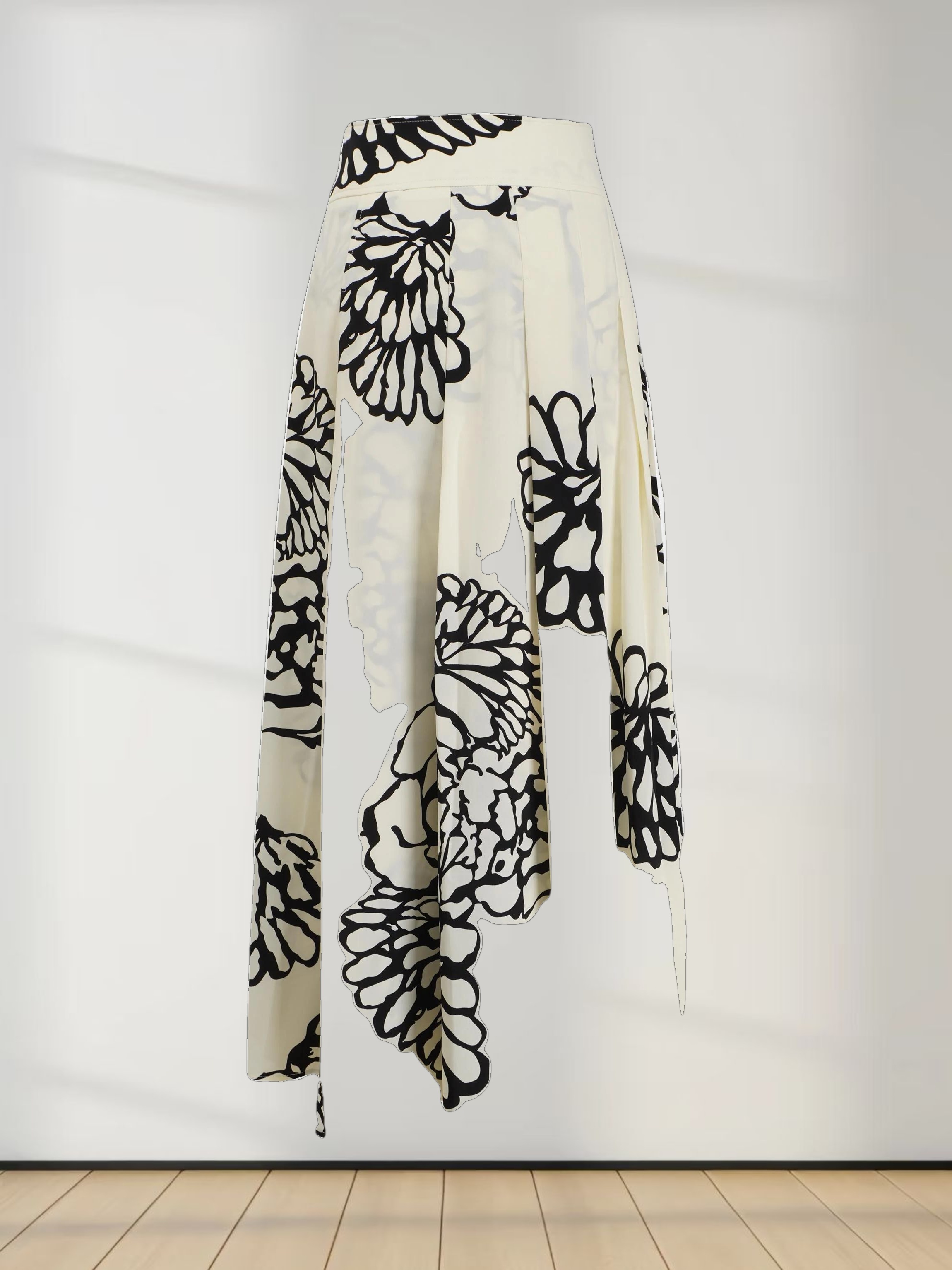 Printed Yoke Pleated Skirt-Cream/Black Floral