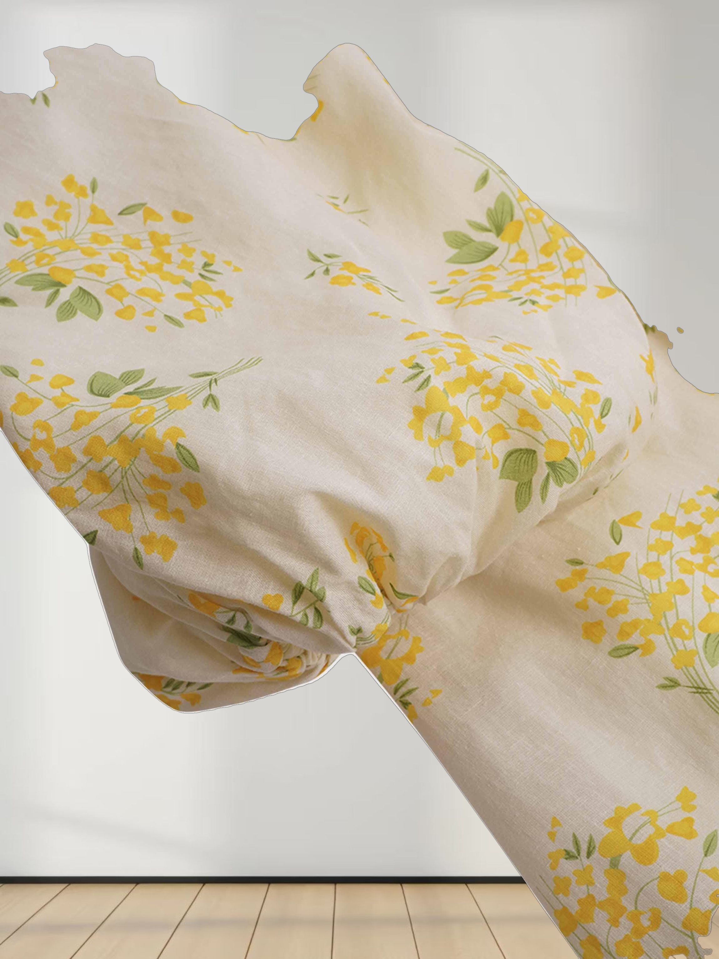 Ruched Puff Sleeve Dress-Yellow Floral