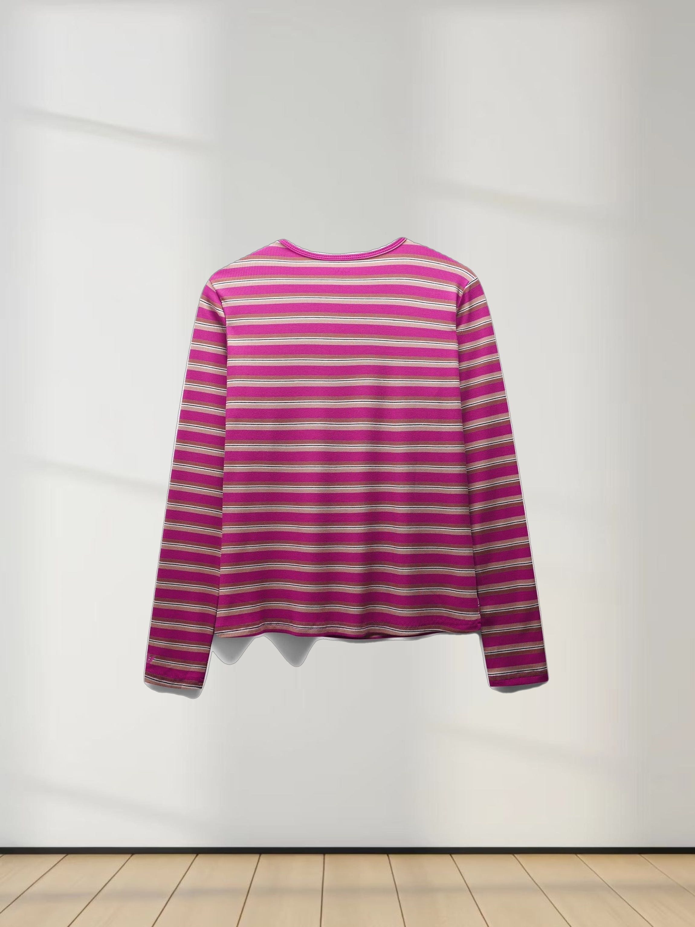 Multi Striped Ribbed Crew-Hot Pink/Tan