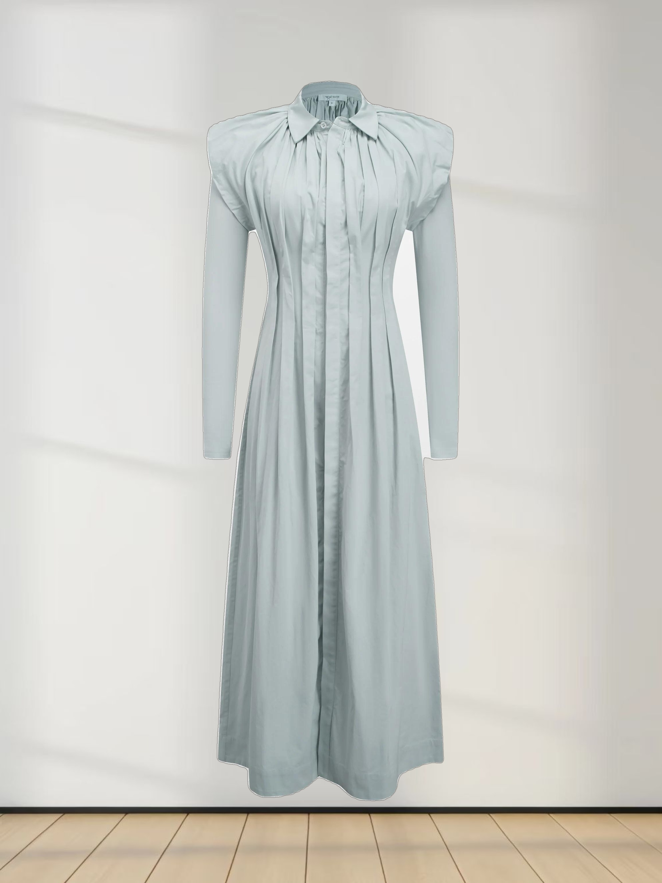 Pleat Front Button Down Dress-Light Blue