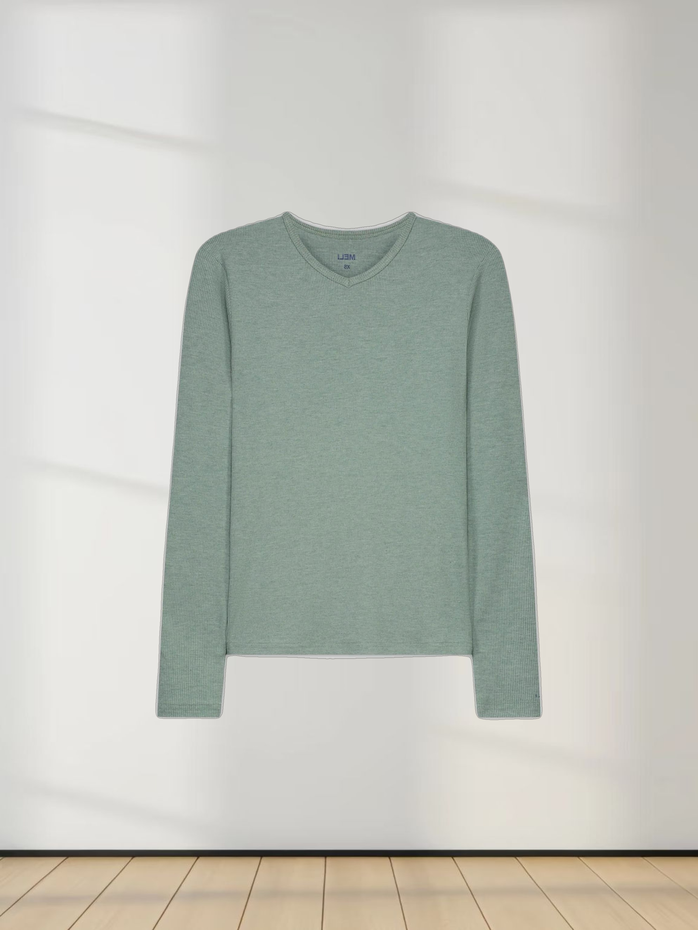 High V Ribbed Tee LS-Heathered Green