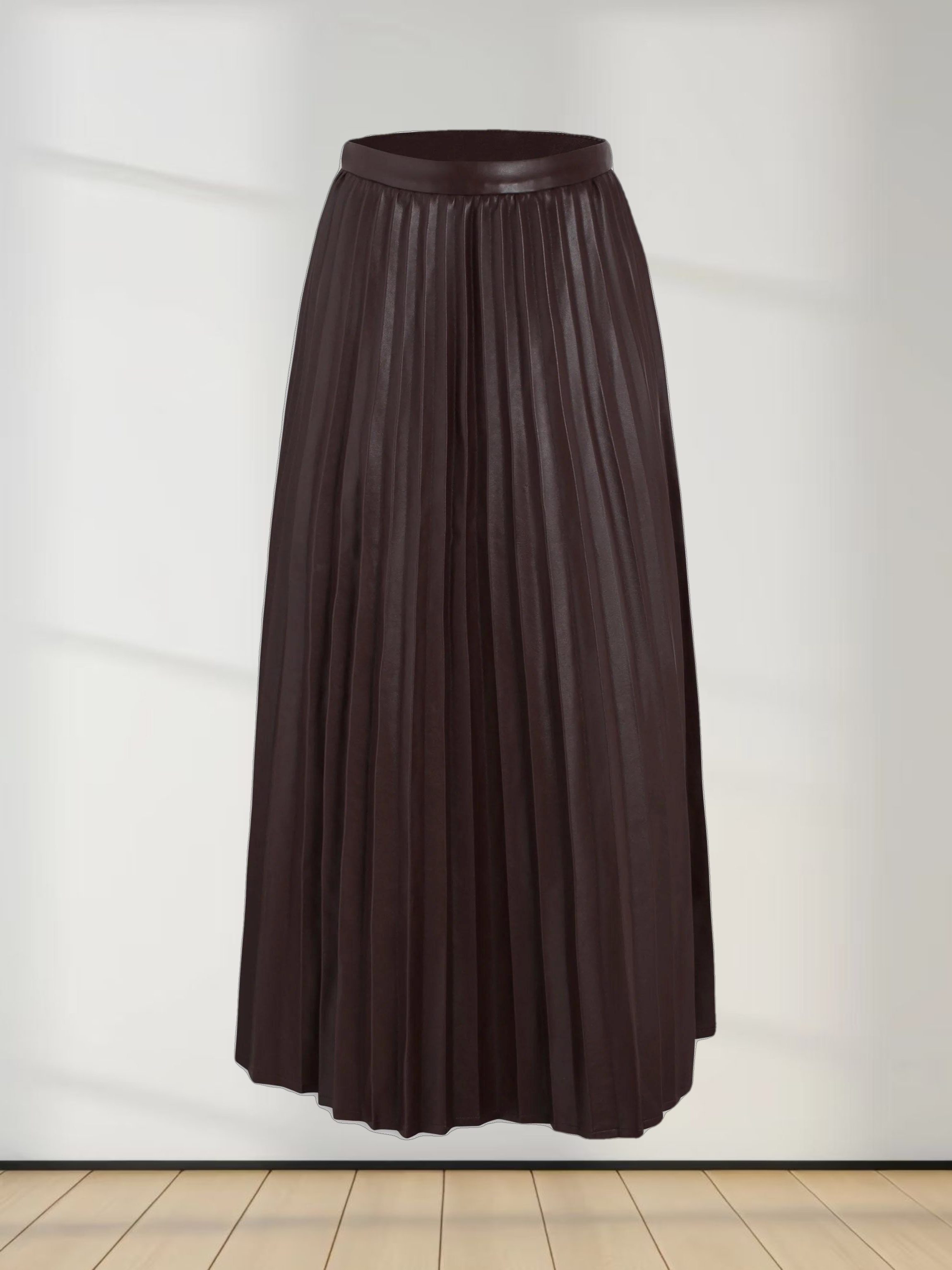 Accordion Pleated Faux Leather Skirt-Brown