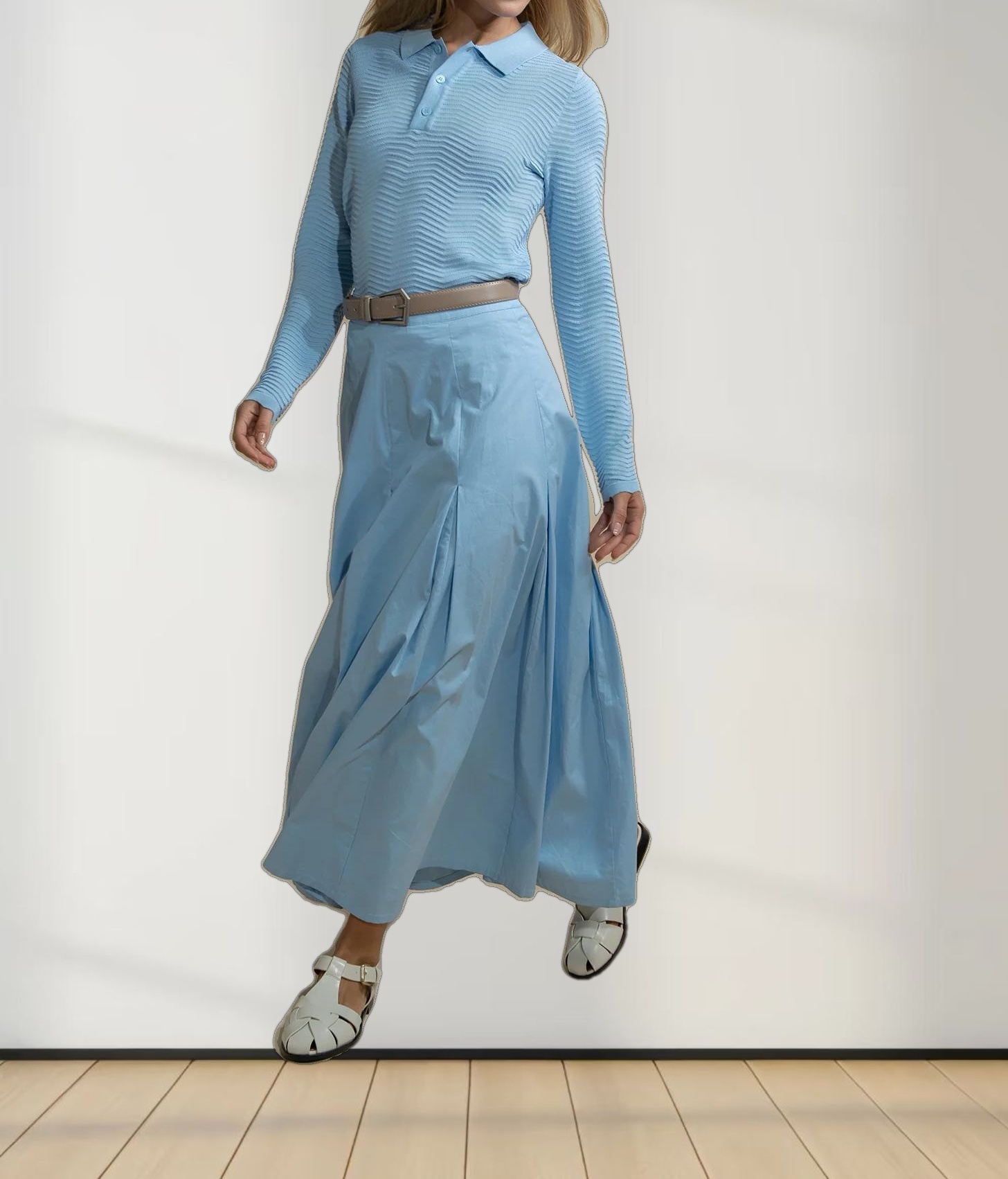 Stitch Down Cotton Pleated Skirt-Light Blue