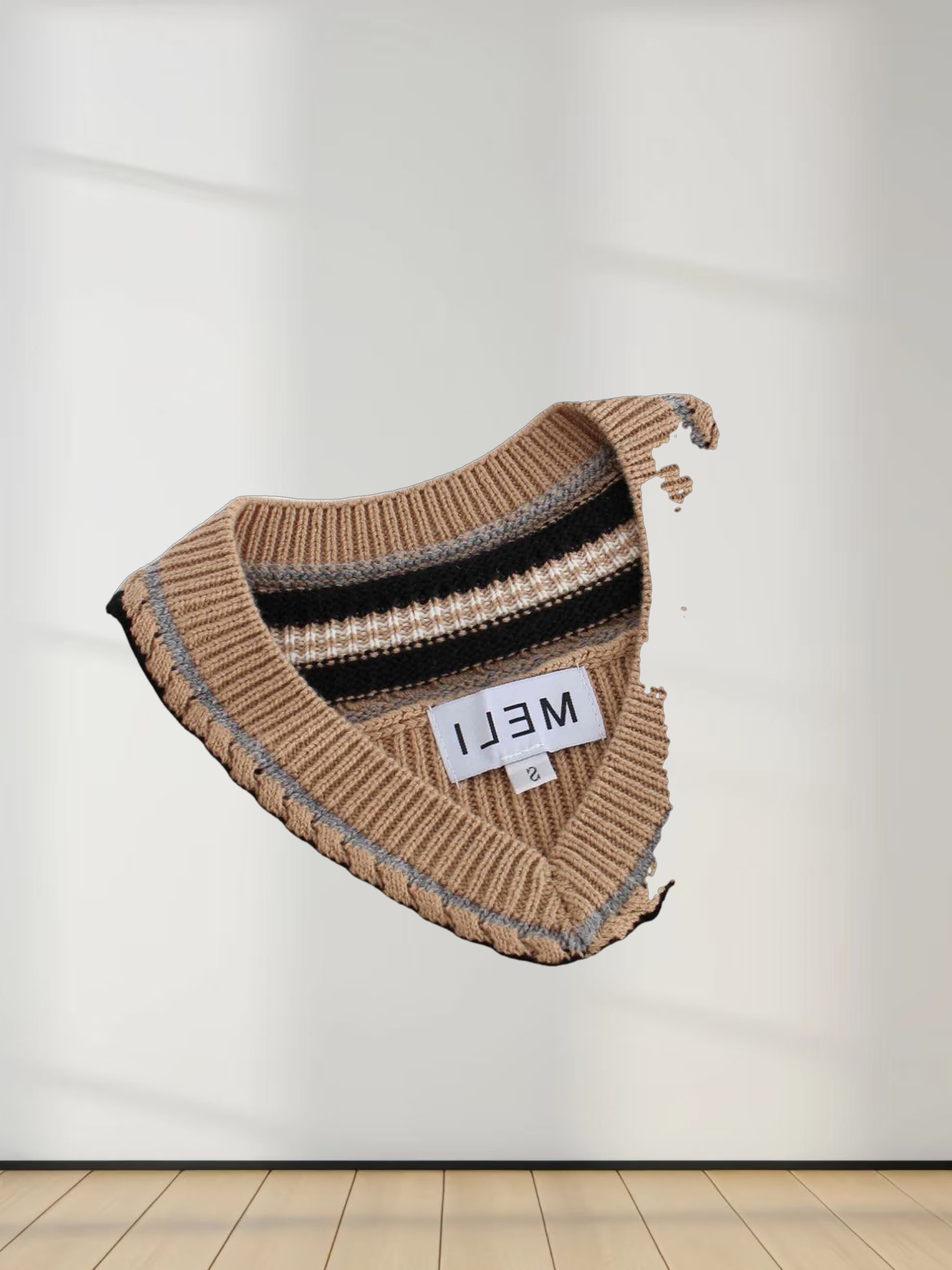 V-Neck Cable Sweater-Tan/Grey