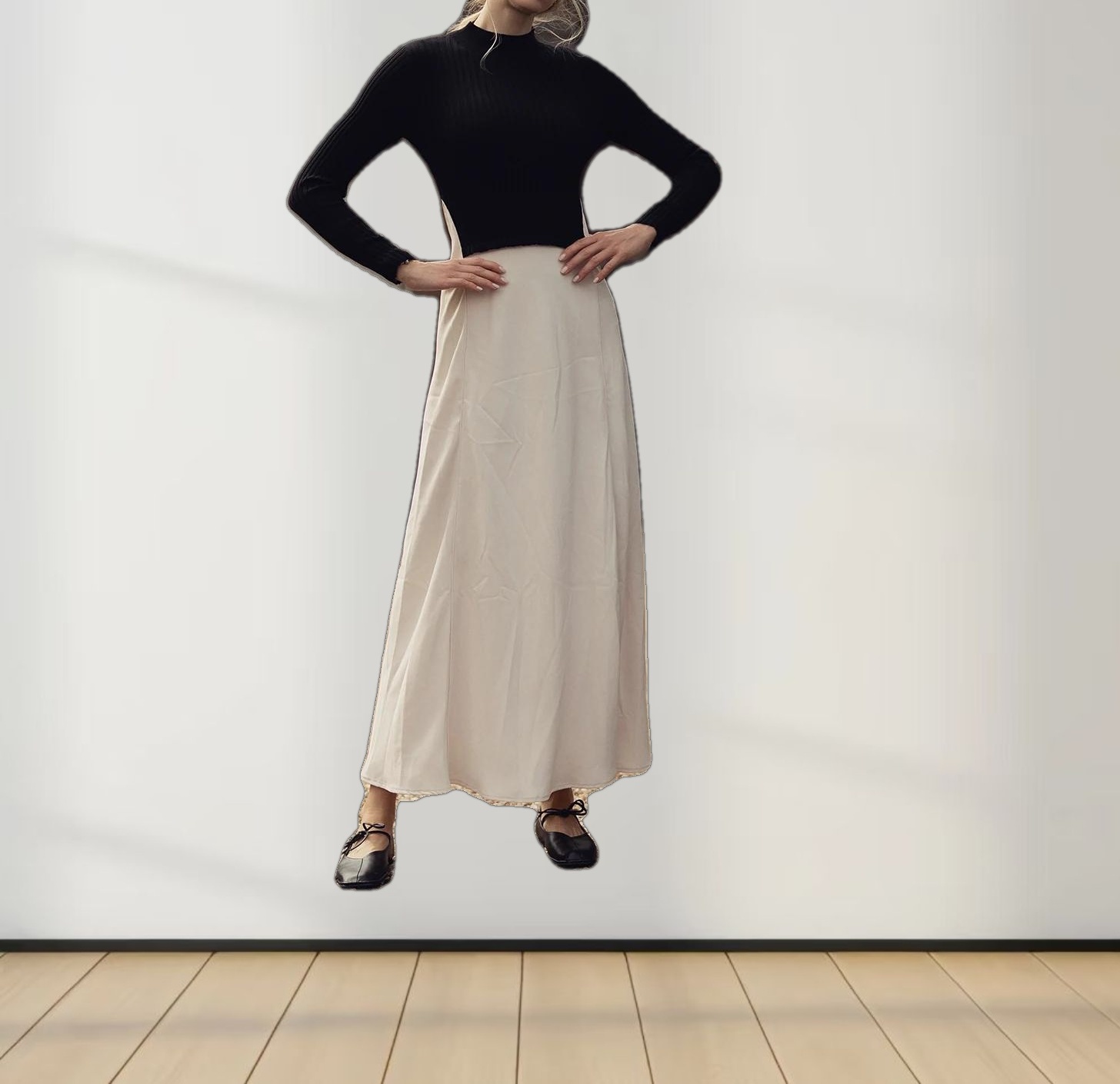 Crepe Bottom Dress-Black/Cream