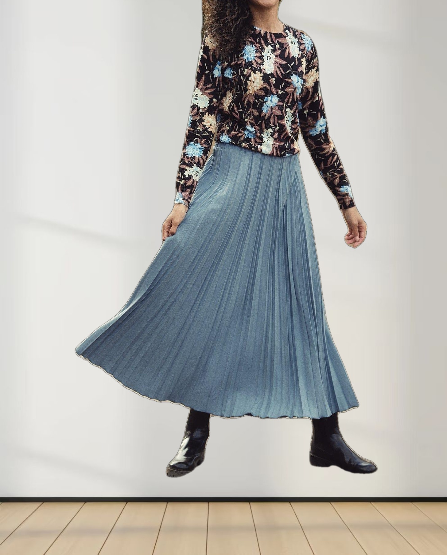 Wool Blend Pleated Skirt-Denim Blue