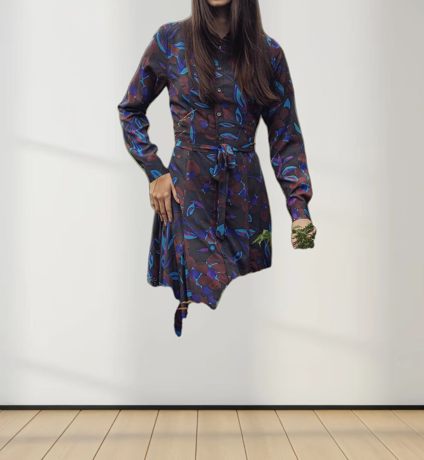 Collared A-Line Shirtdress-Brown Floral