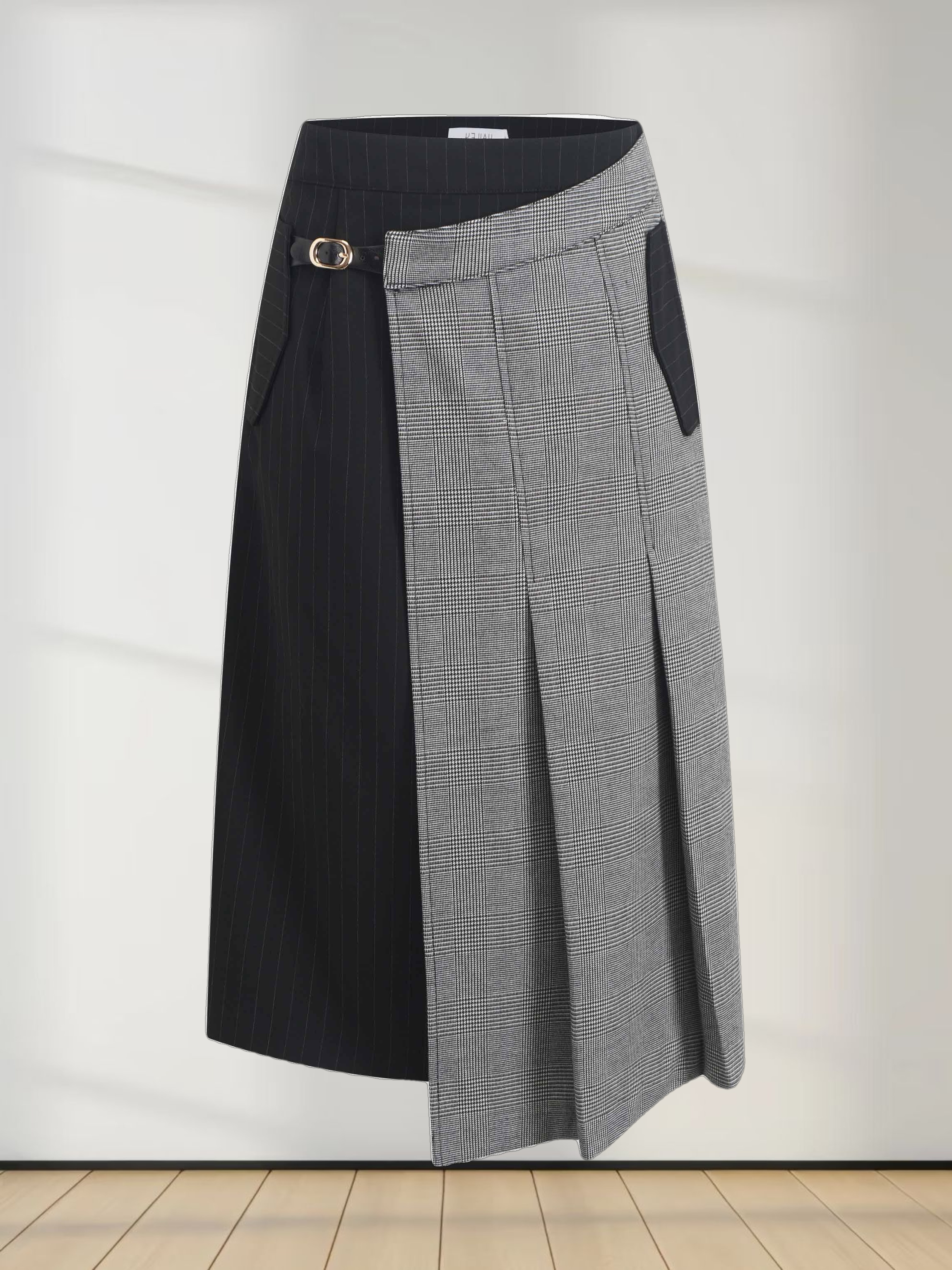 Faux Wrap Pleated Front Buckle Skirt-Pinstripe/Plaid