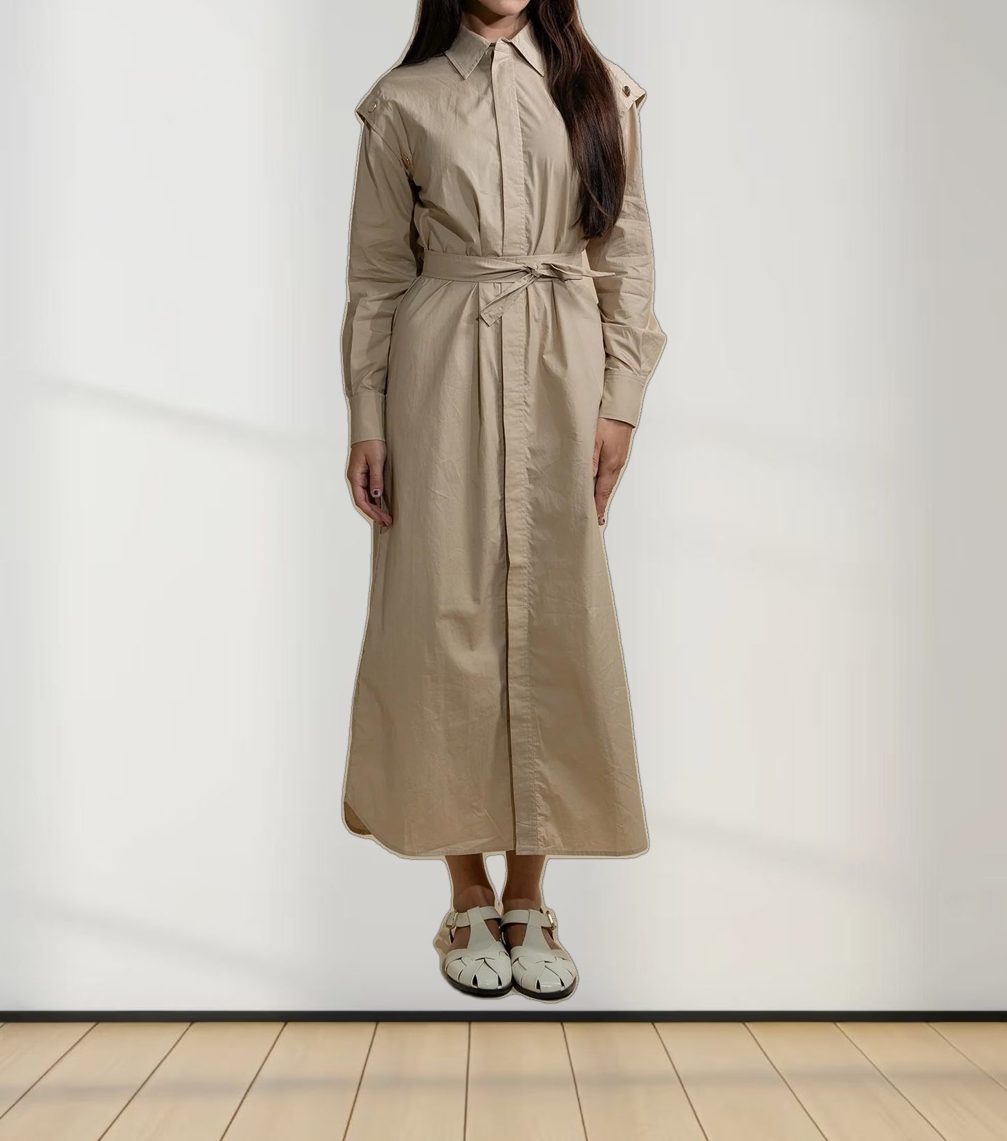 Button Overlay Shirtdress-Tan