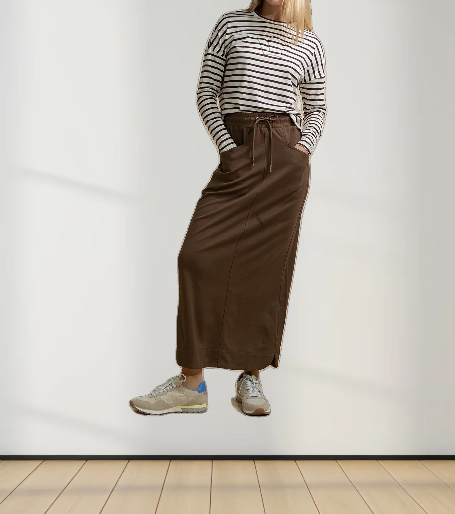 Drawstring Pocket T-Shirt Skirt-Brown