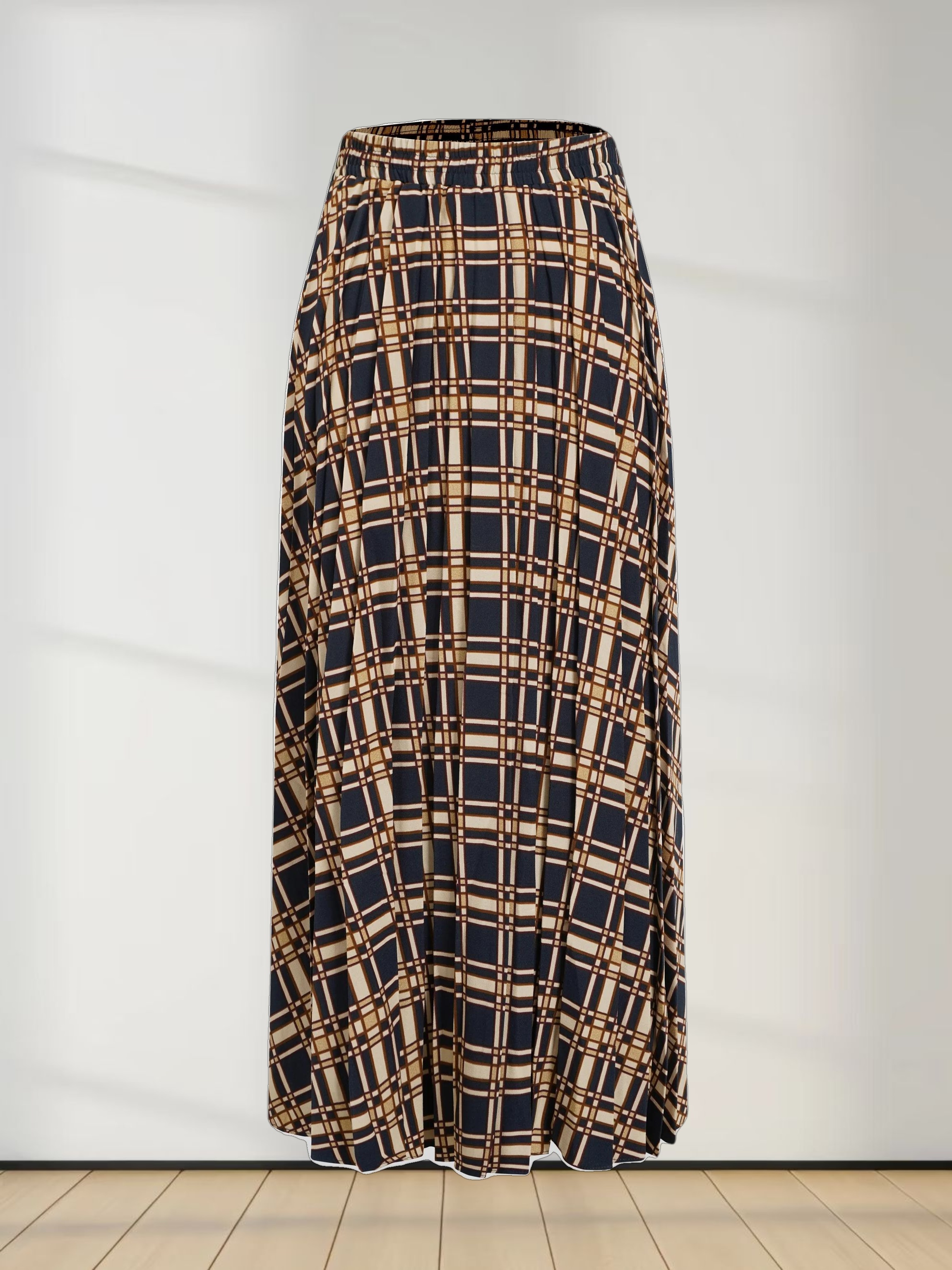 Covered Band Pleated Skirt-Navy Plaid