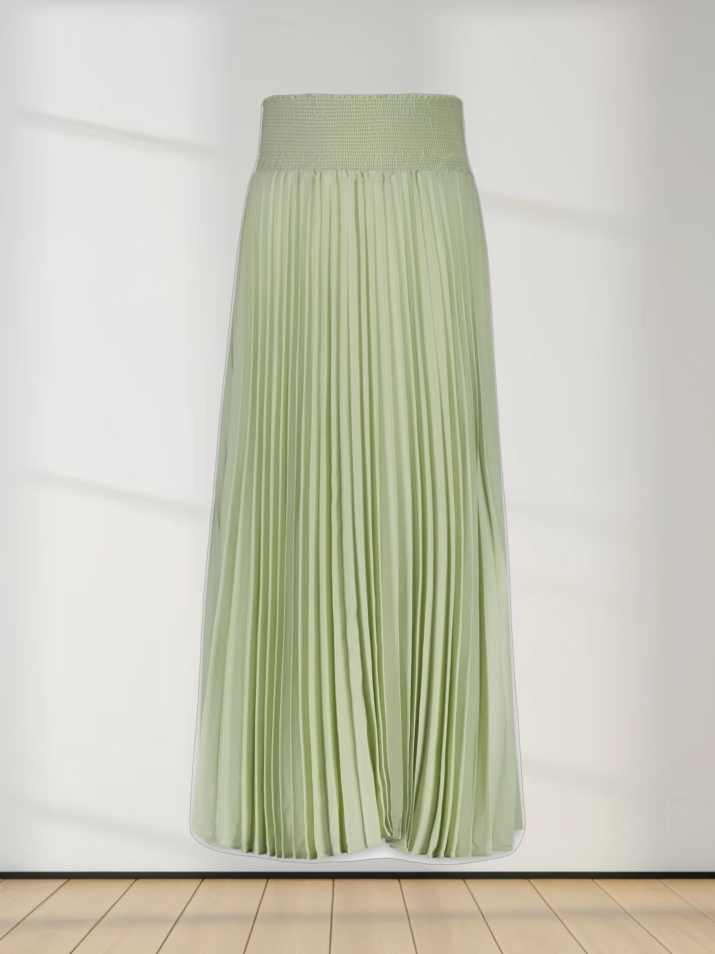 SHIRRED WAIST PLEATED SKIRT (LONG)-SAGE GREEN