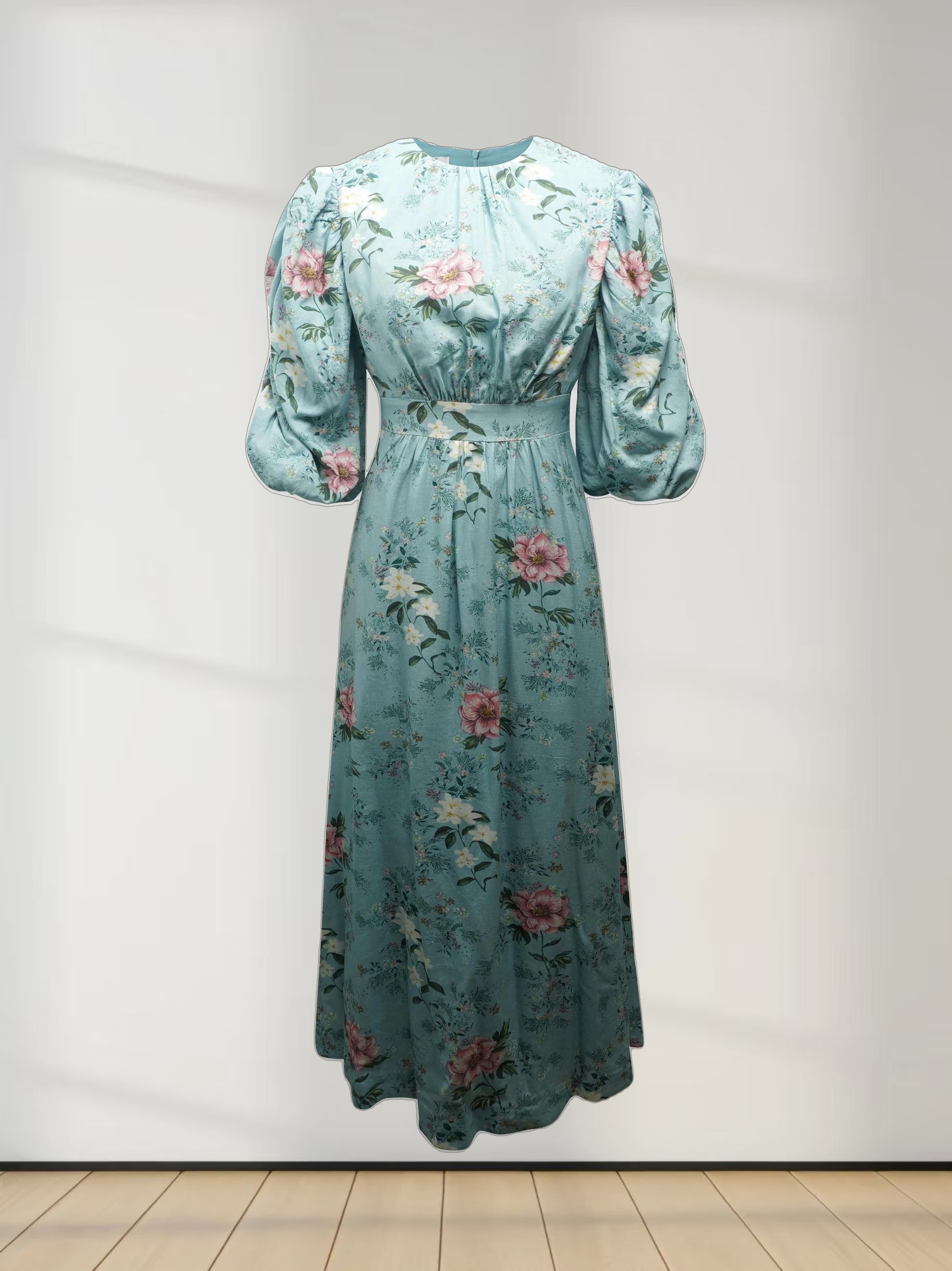 Ruched Puff Sleeve Dress-Aqua Floral