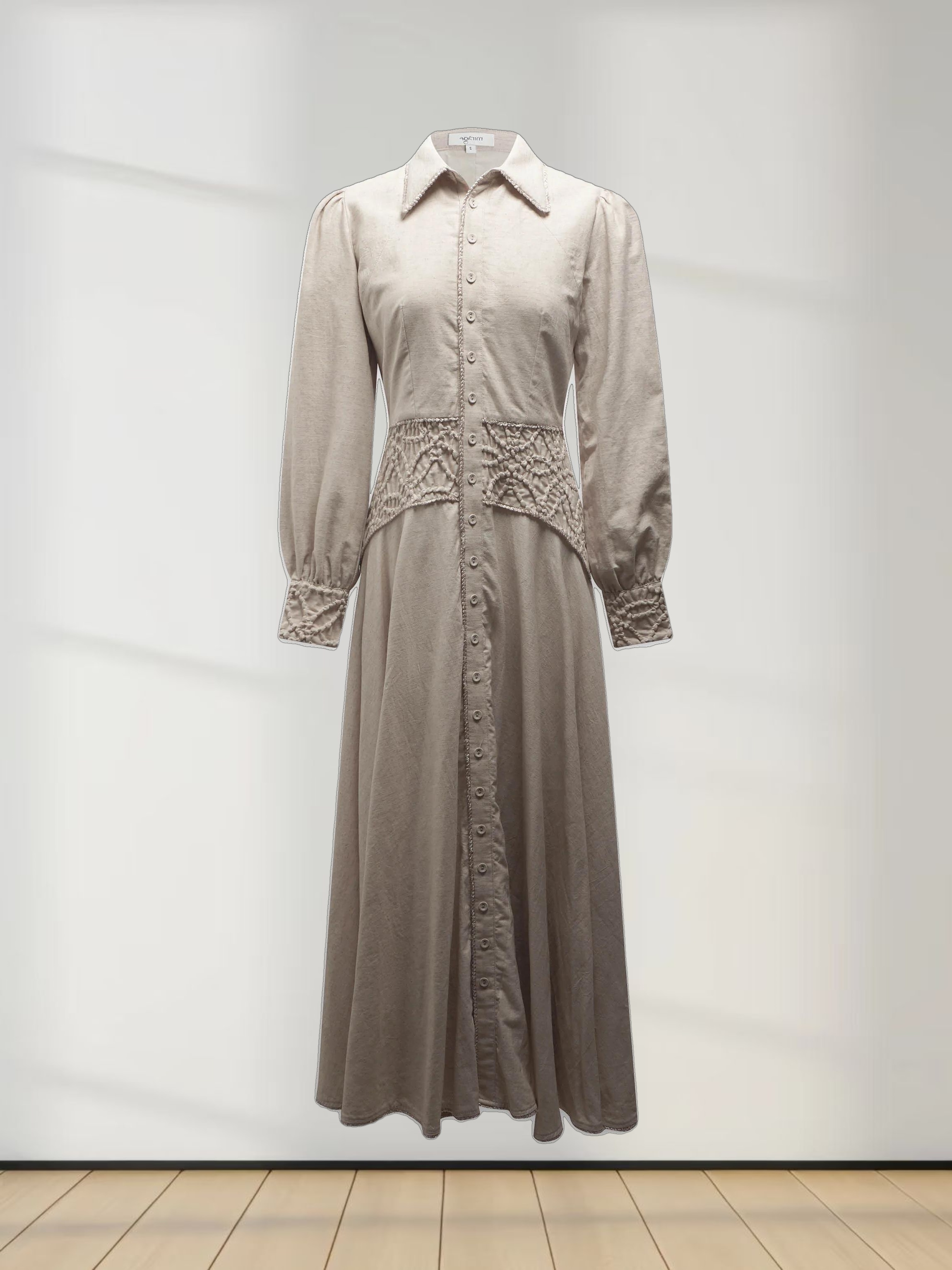 Piped Design Yoke Dress-Oatmeal