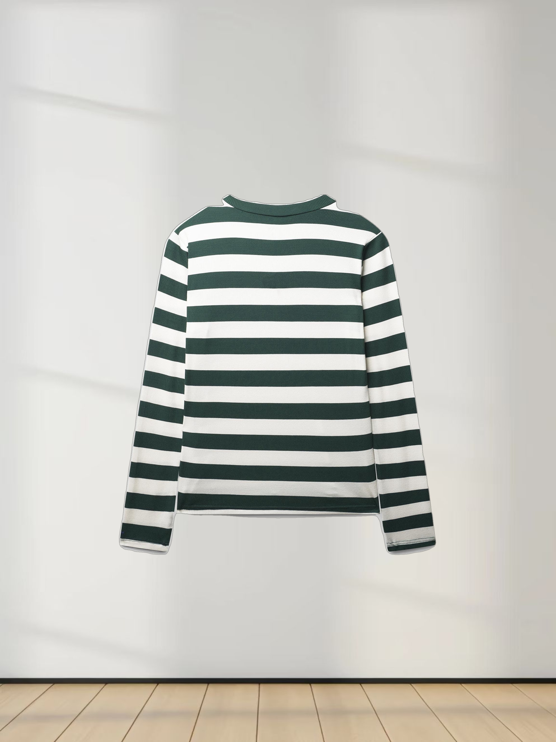 Striped Ribbed Turtleneck-Emerald/Cream