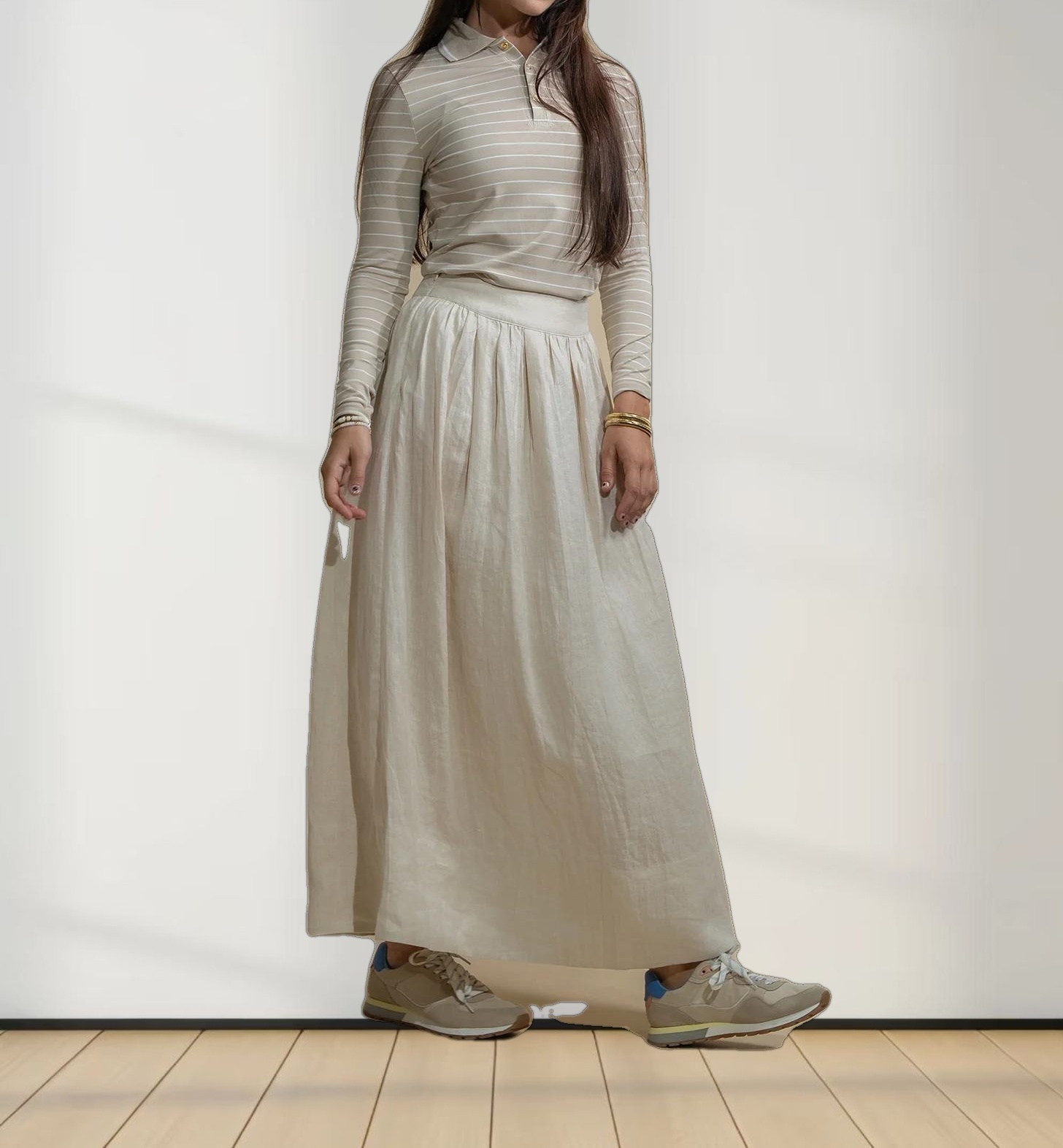 Striped Collar Snap Tee-Tan/White