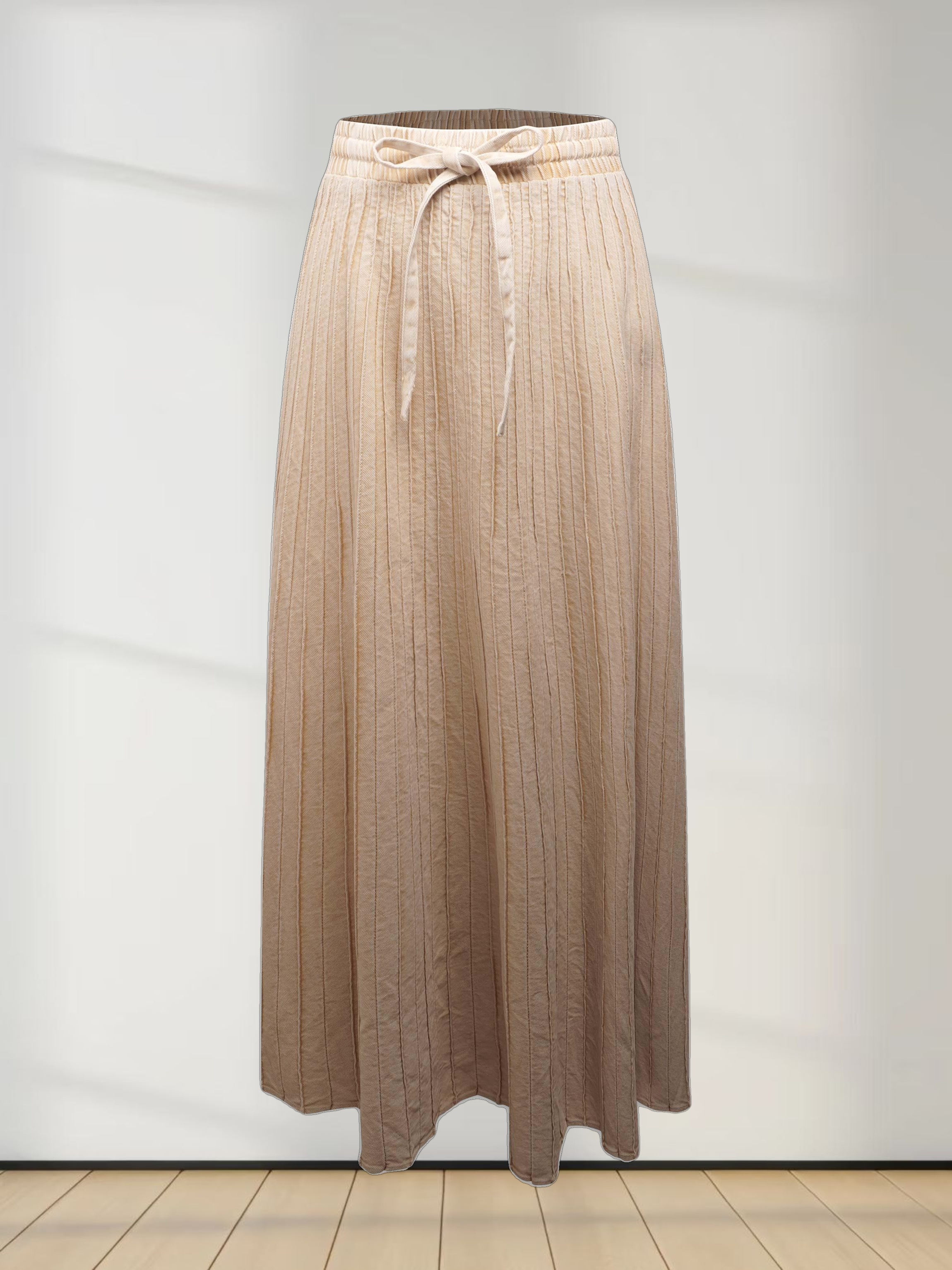 Stitched Micro Pleat Denim Skirt-Tan