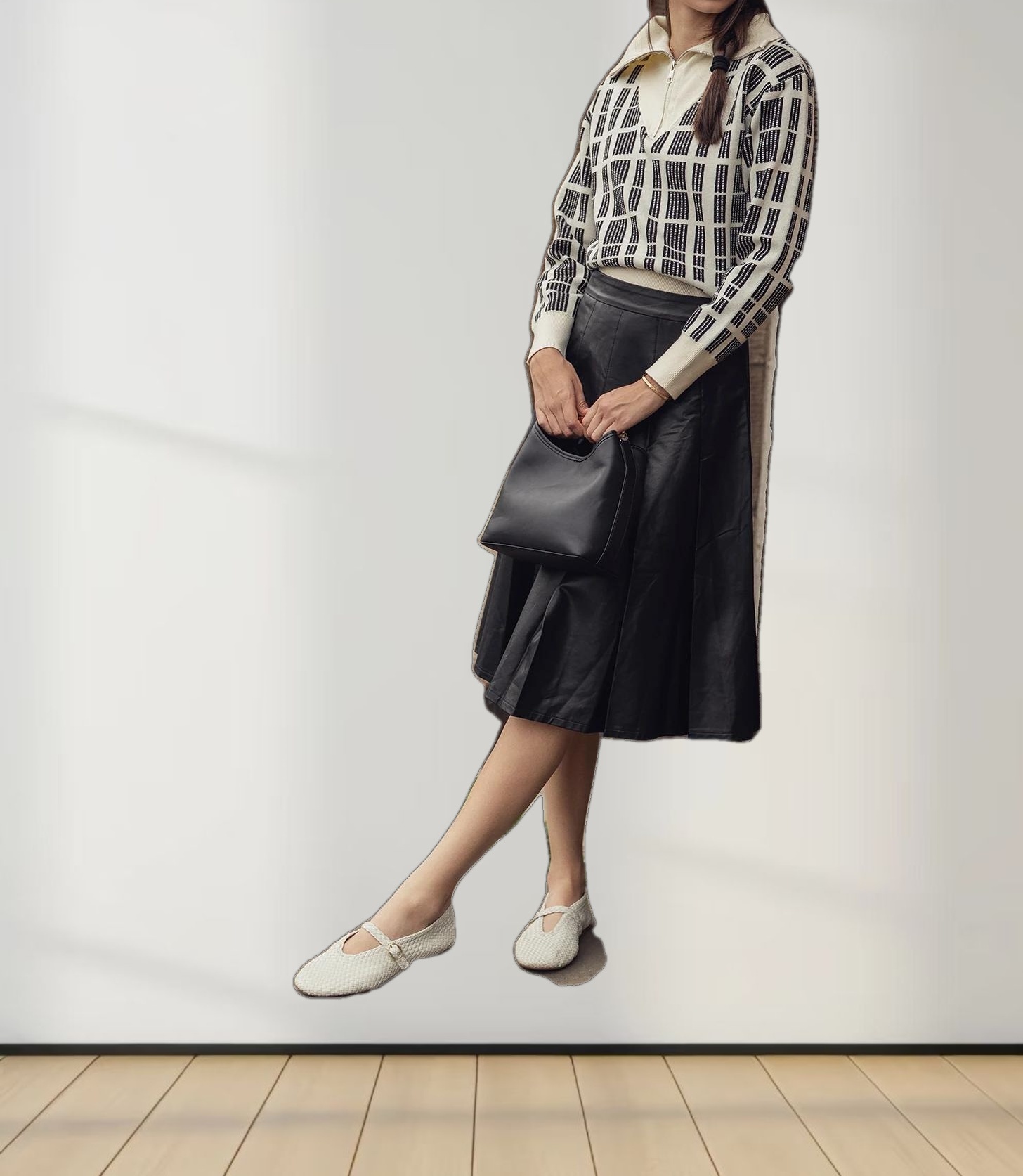 Half Zip Shawl Collar Sweater-Cream/Black