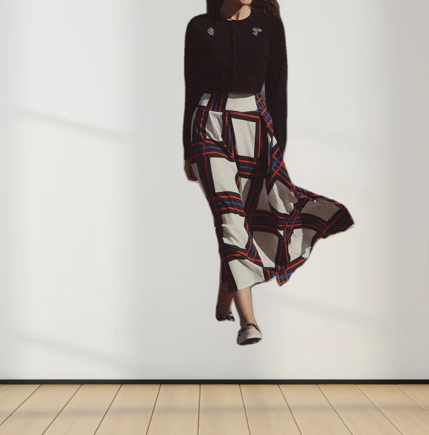 Printed Yoke Pleated Skirt-White/Blue