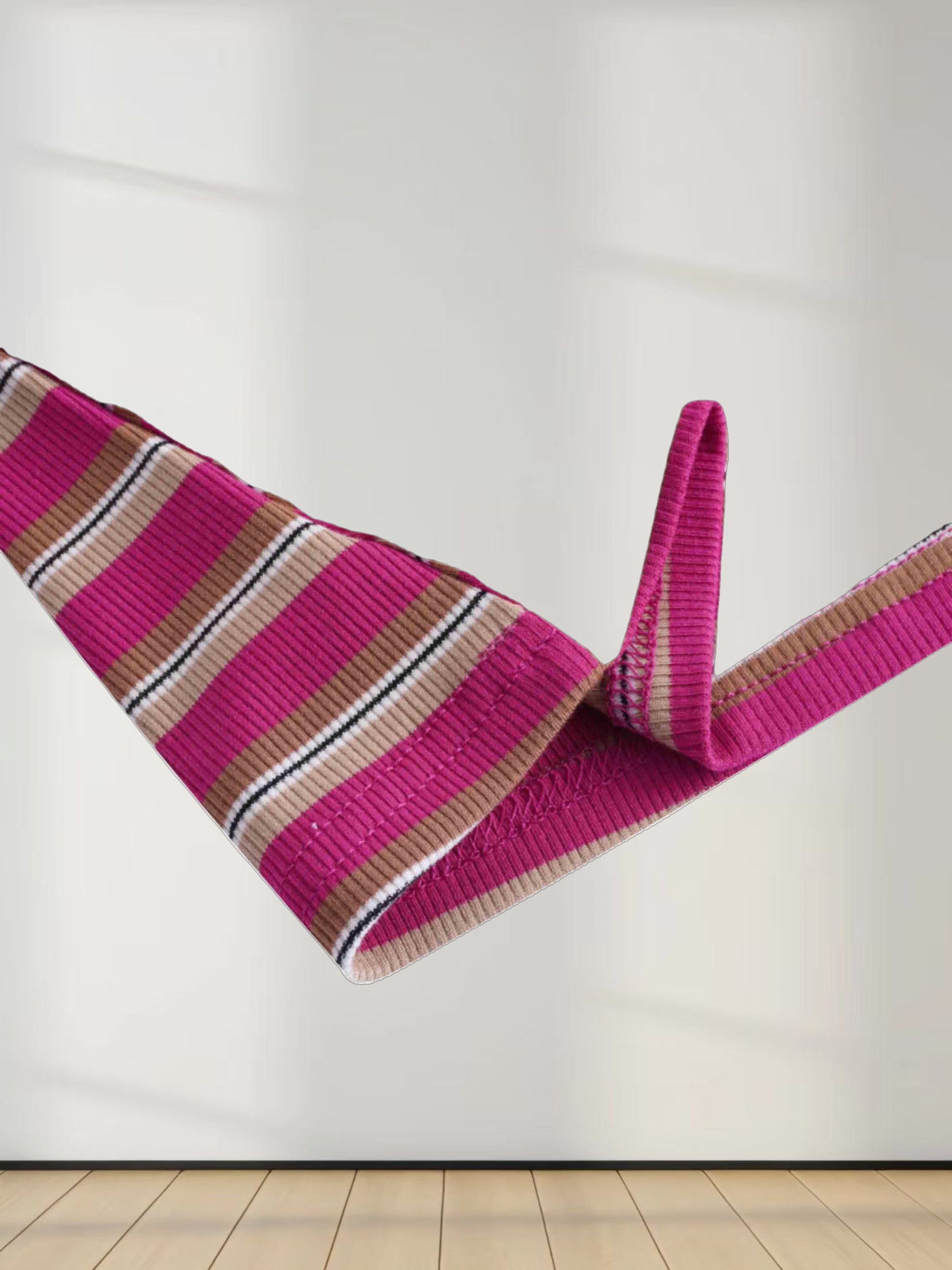 Multi Striped Ribbed Crew-Hot Pink/Tan