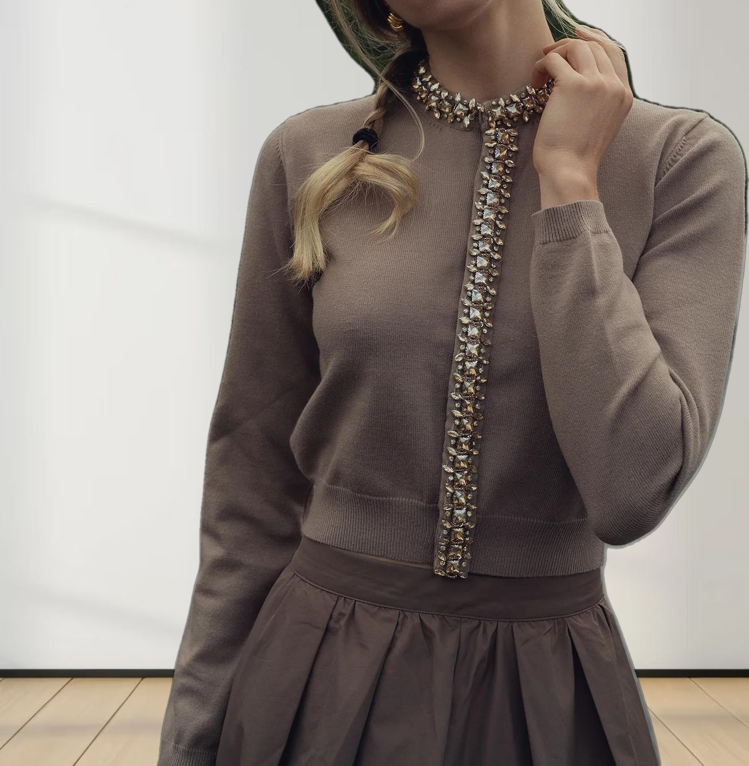 Embellished Cardigan Sweater-Mocha Mousse