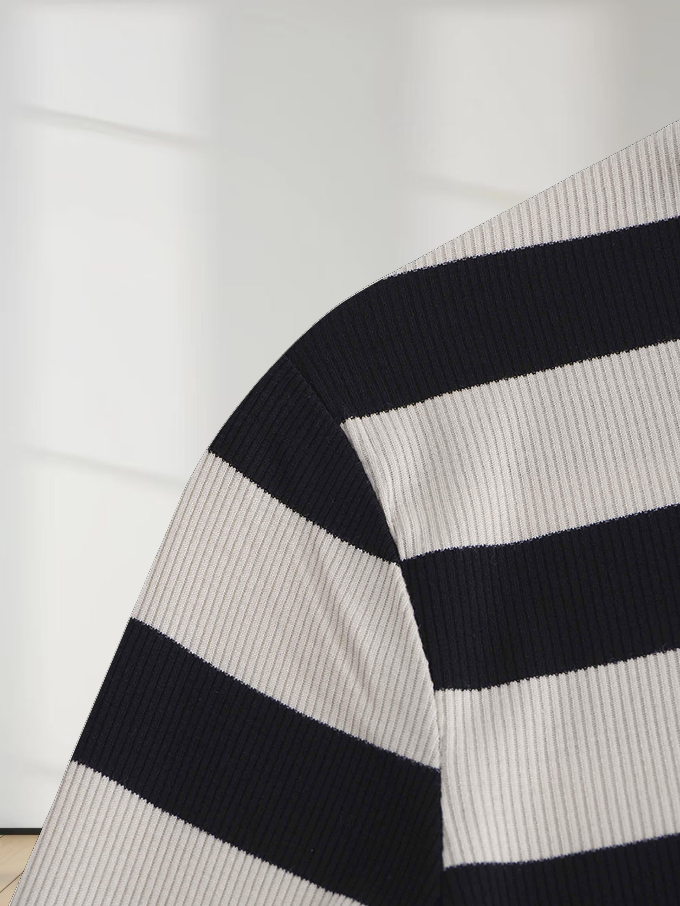 Ribbed Striped High V Tee Long Sleeve-Tan/Black