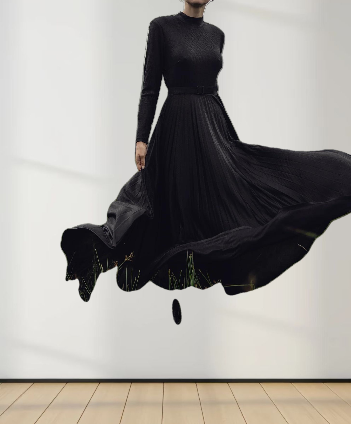 Pleat Bottom Stretch Maxi Dress-Black Shimmer