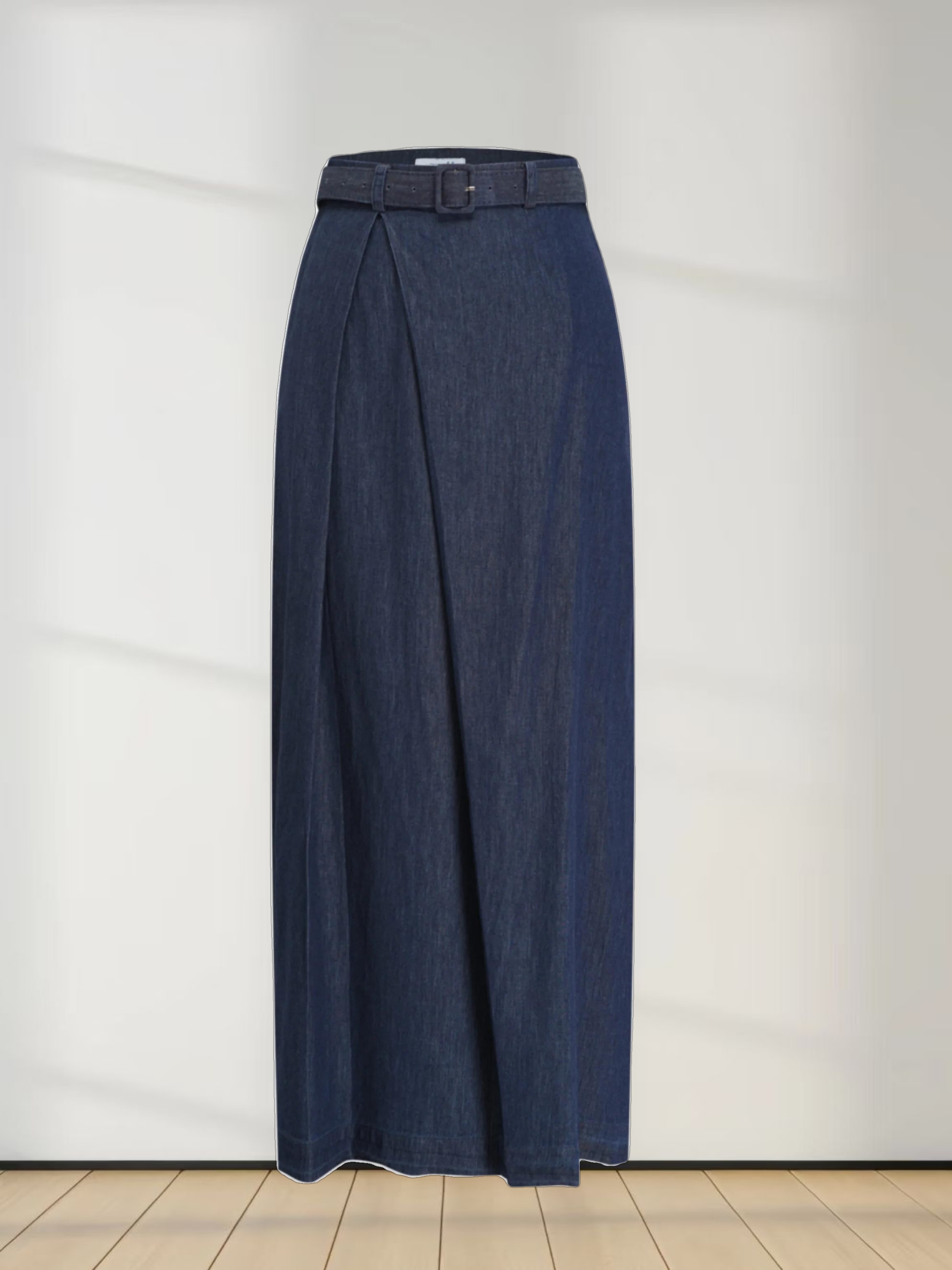 Side Inverted Pleat Denim Skirt-Dark Blue