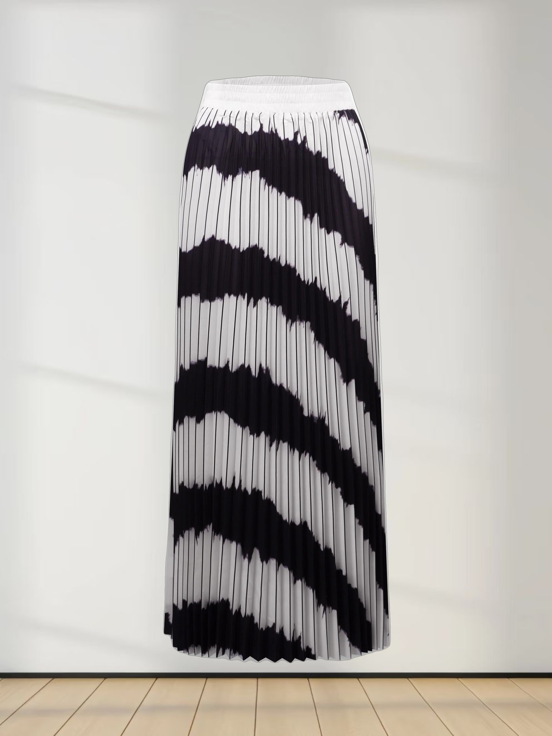 Elastic Waist Printed Pleated Skirt-Black White Ombre