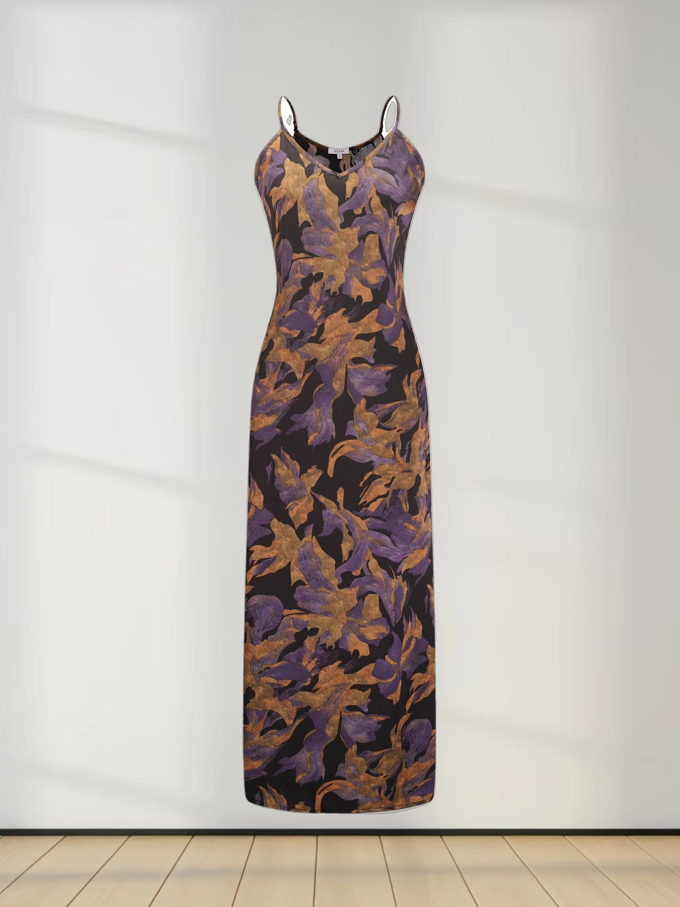 A-Line V Neck Slip Dress-Purple Floral