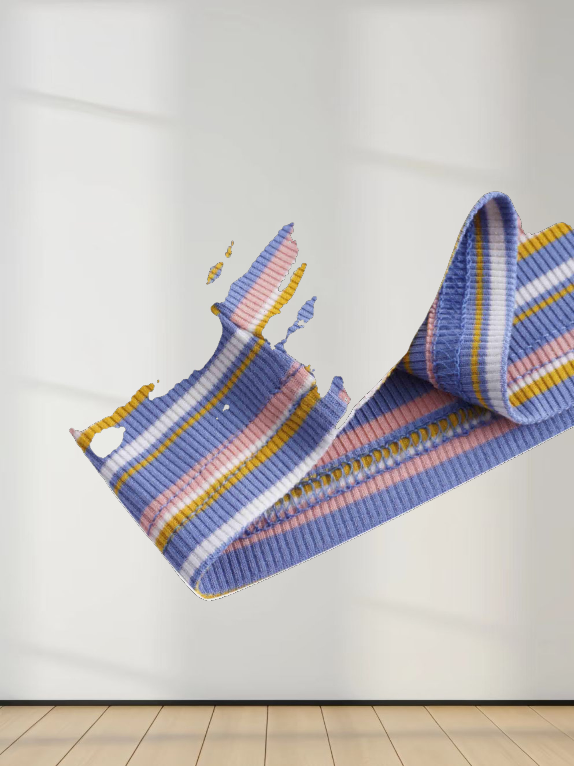 Ribbed Striped Crew 3/4 Sleeve-Light Blue/Pink