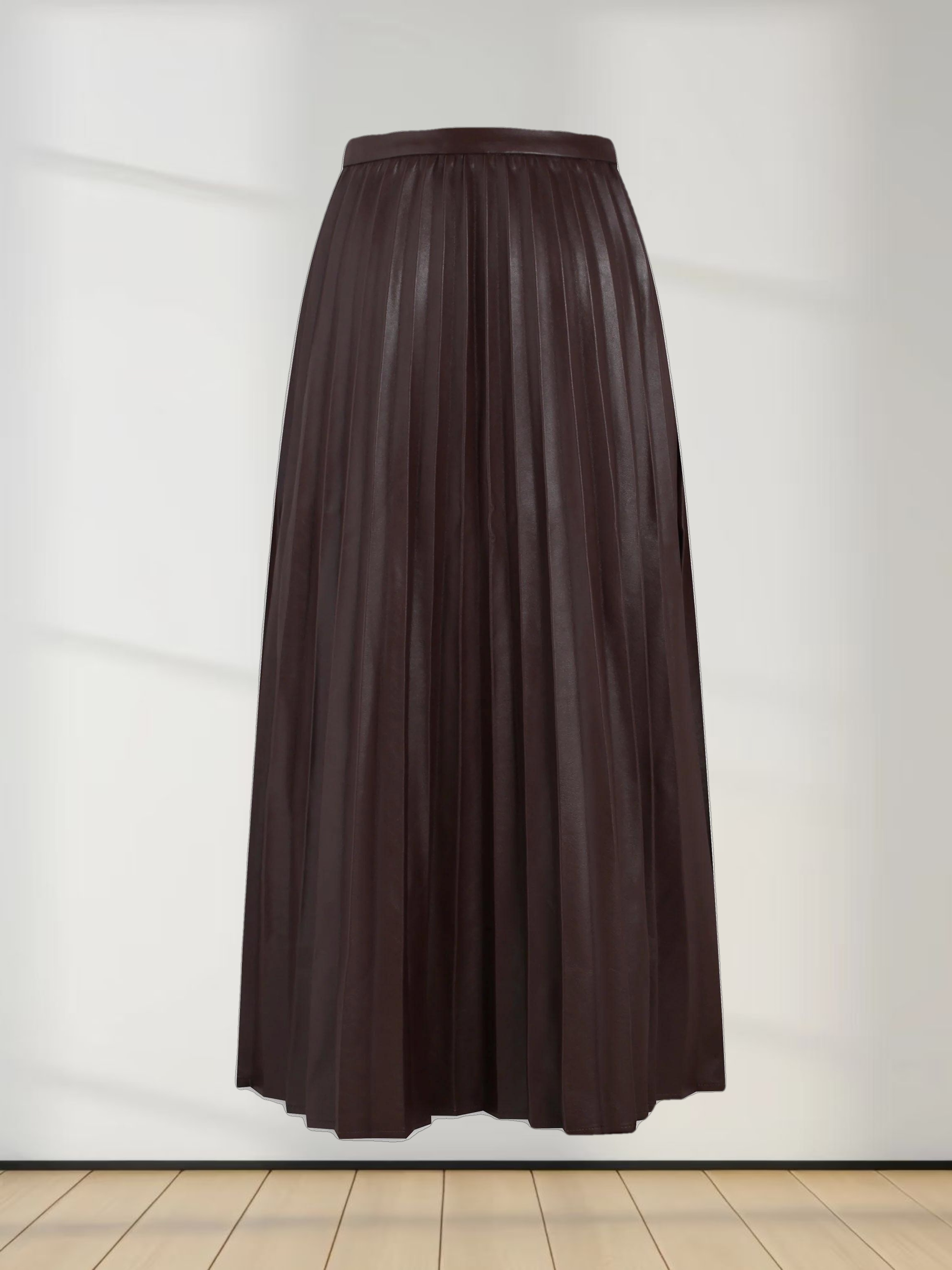 Accordion Pleated Faux Leather Skirt-Brown