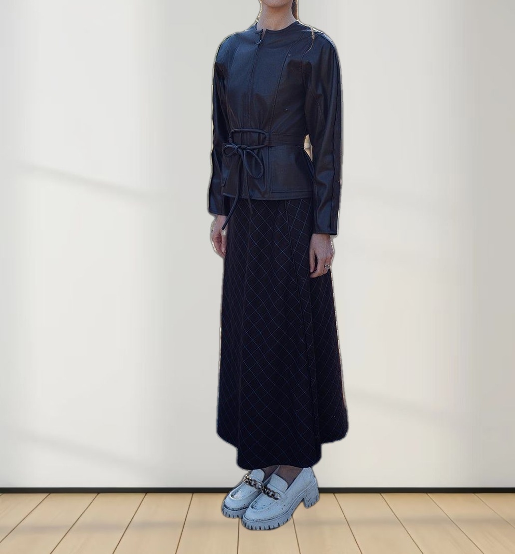 Leather Piped Skirt-Brown Plaid