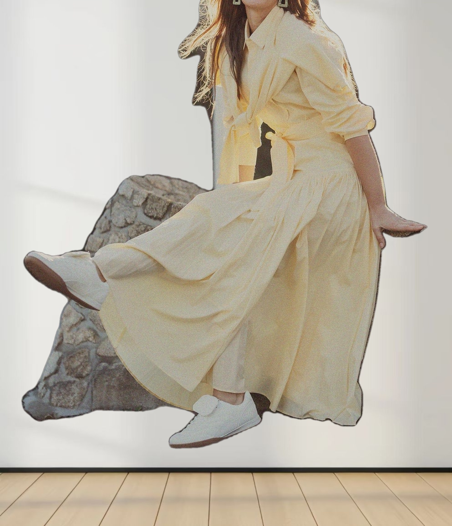 Drop Waist Pintuck Pleat Cotton Dress-Yellow