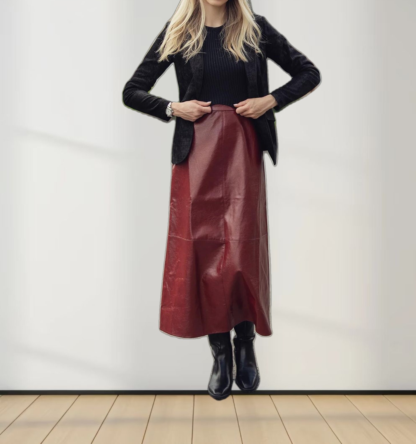 Coated Faux Leather A-Line Skirt-Burgundy
