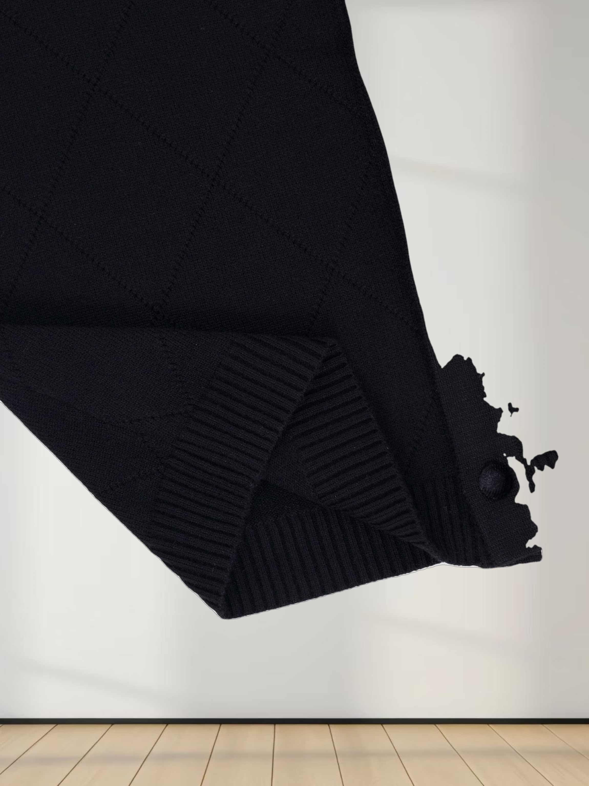 Velvet Detail Pointelle Crew Cardigan-Black/Black