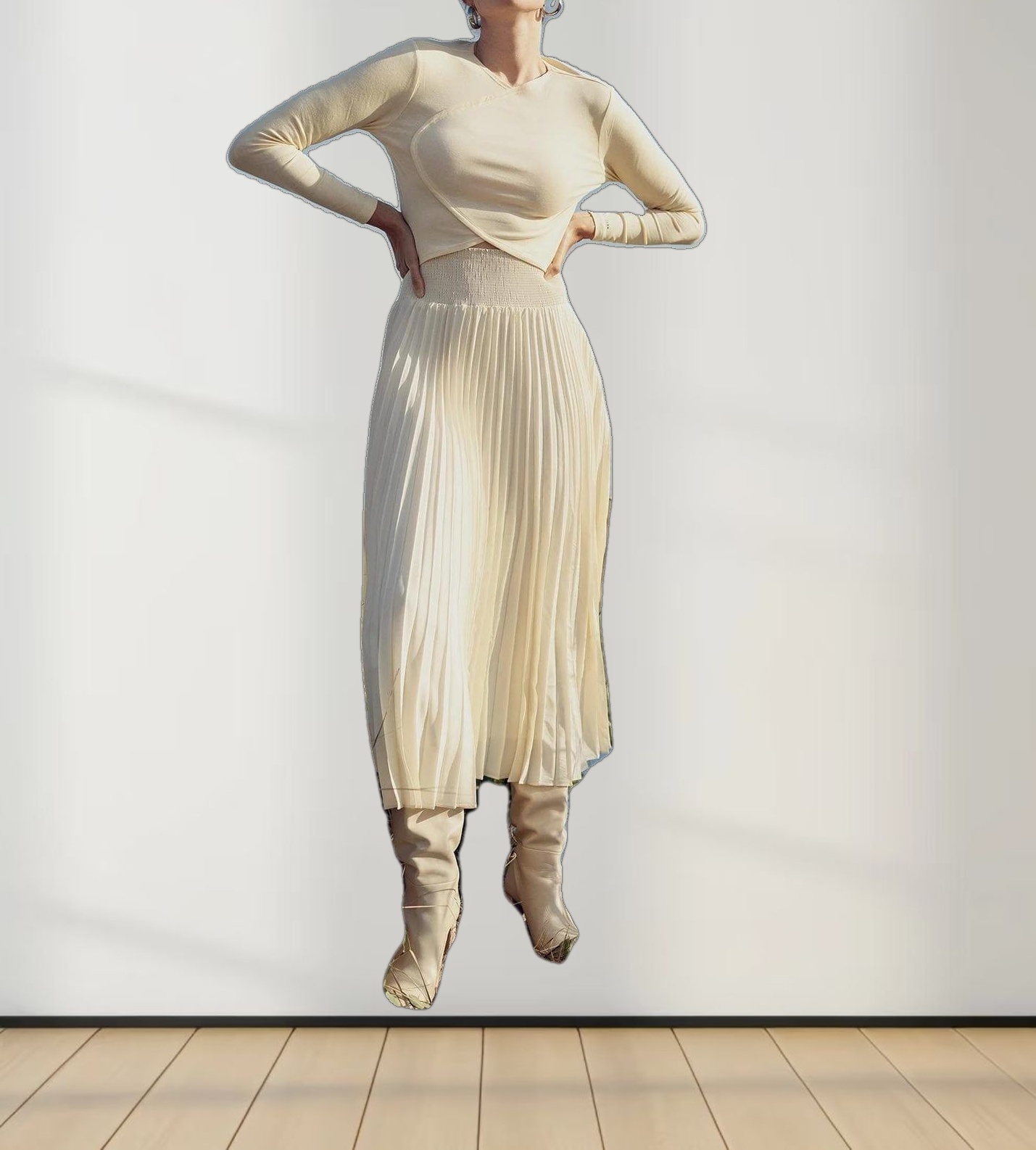 SHIRRED WAIST PLEATED SKIRT (LONG)-CREAM