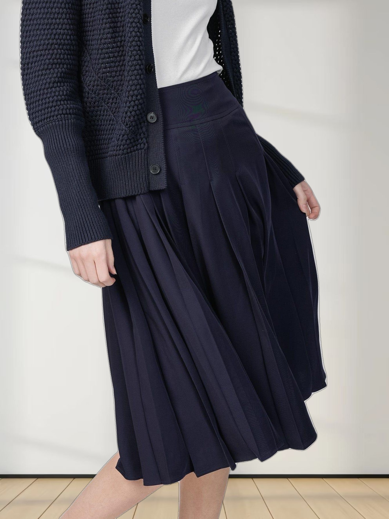 STITCHED DOWN PLEATED SKIRT(SHORT)-NAVY