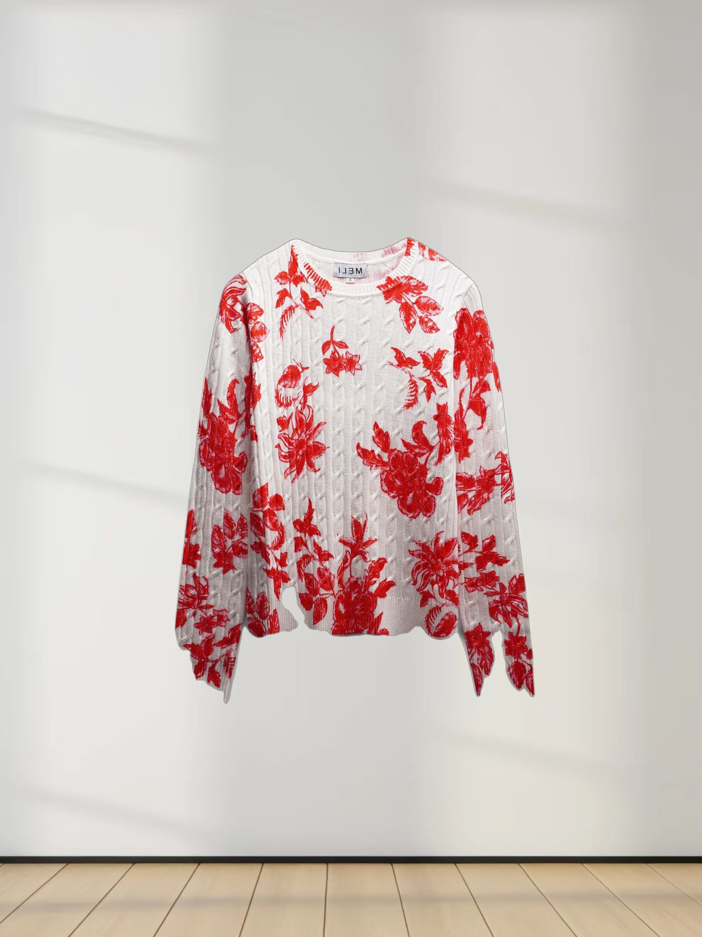 Printed Cable Knit Sweater- Salmon Floral