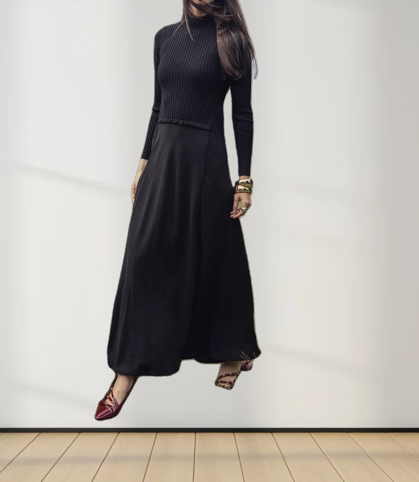 Crepe Bottom Dress-Black/Black