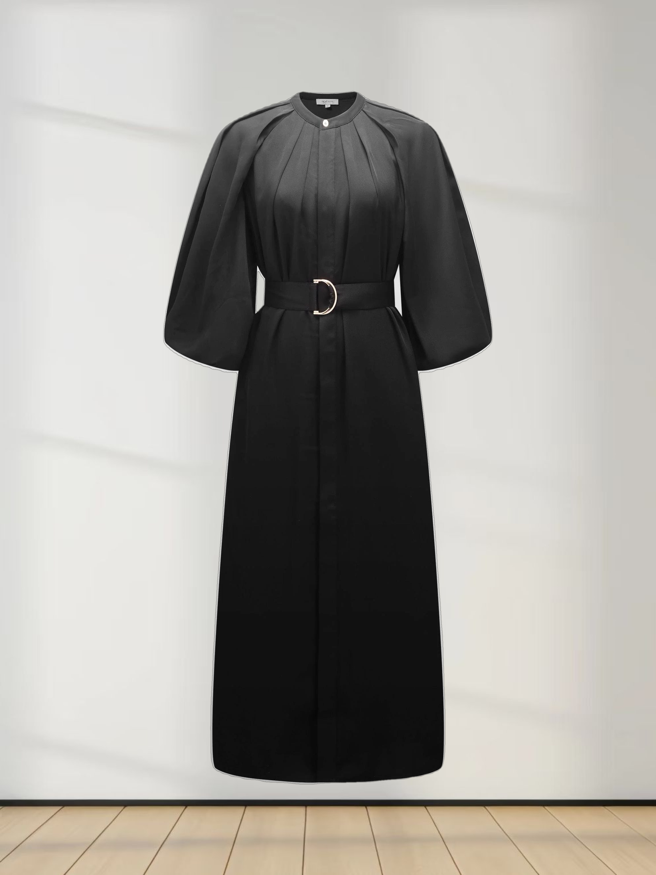Pleat Neck Belted Dress-Black